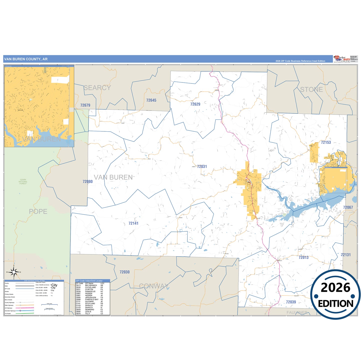 Van Buren County, AR Business Reference 5 Digit ZIP Code Wall Map