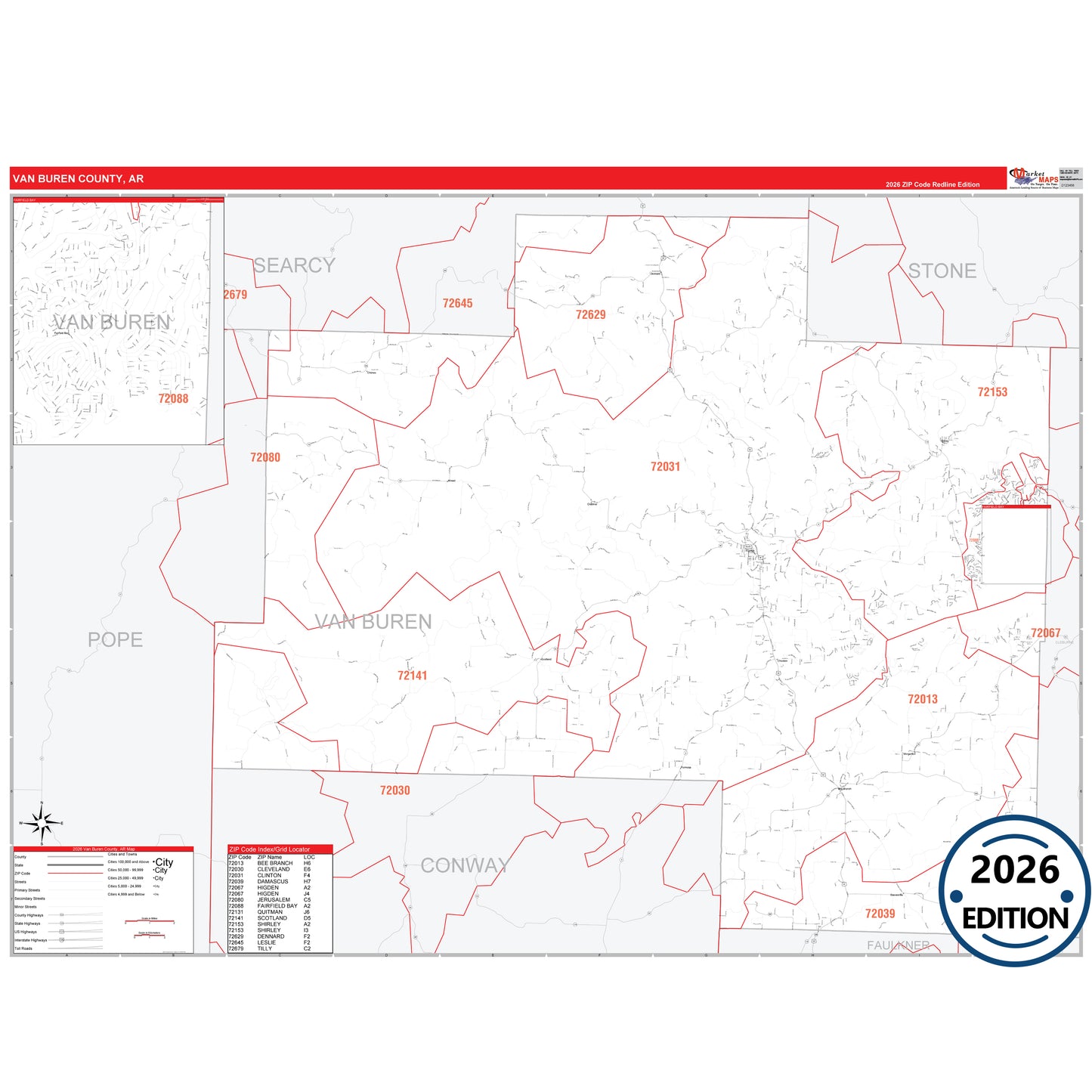 Van Buren County, AR Red Line 5 Digit ZIP Code Wall Map