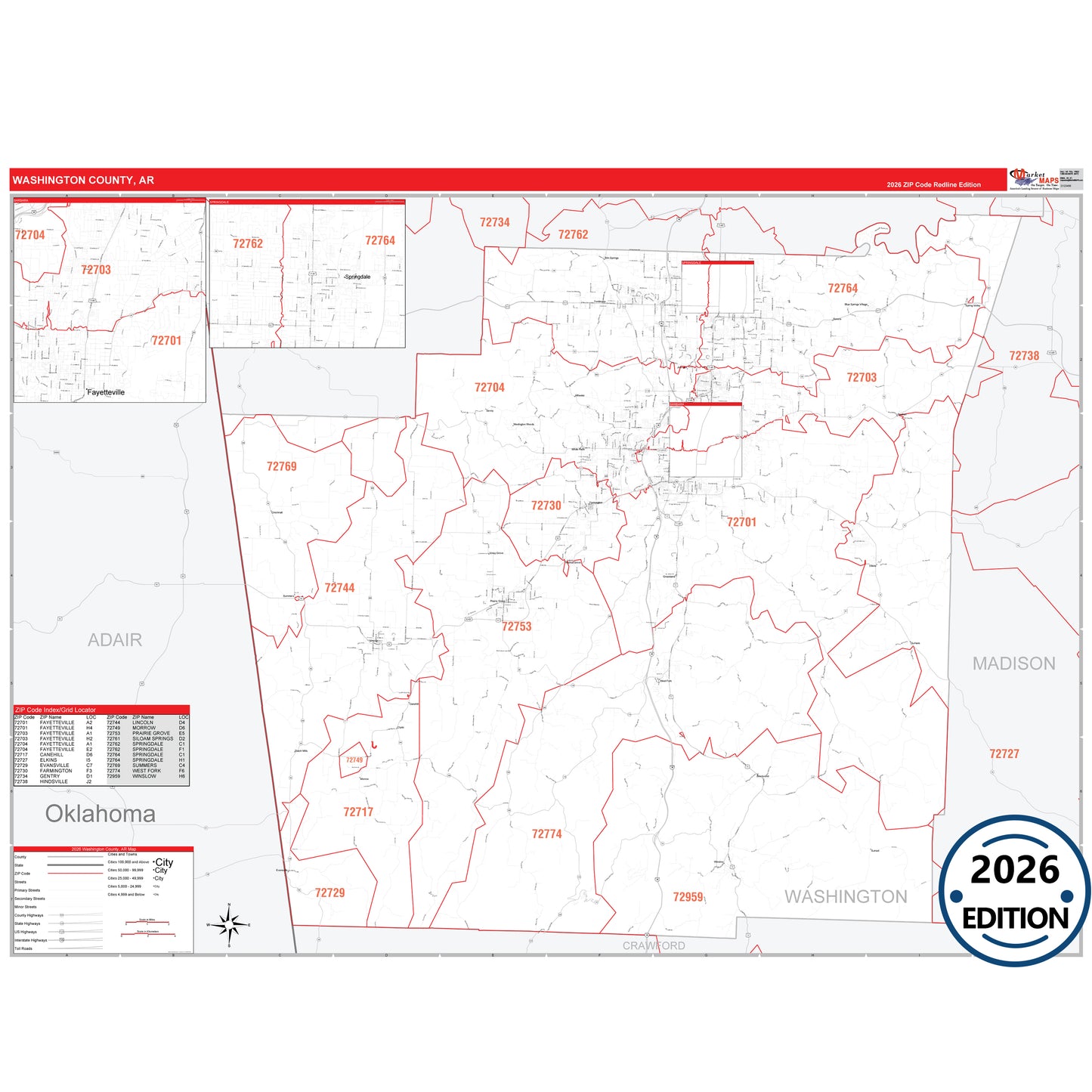 Washington County, AR Red Line 5 Digit ZIP Code Wall Map