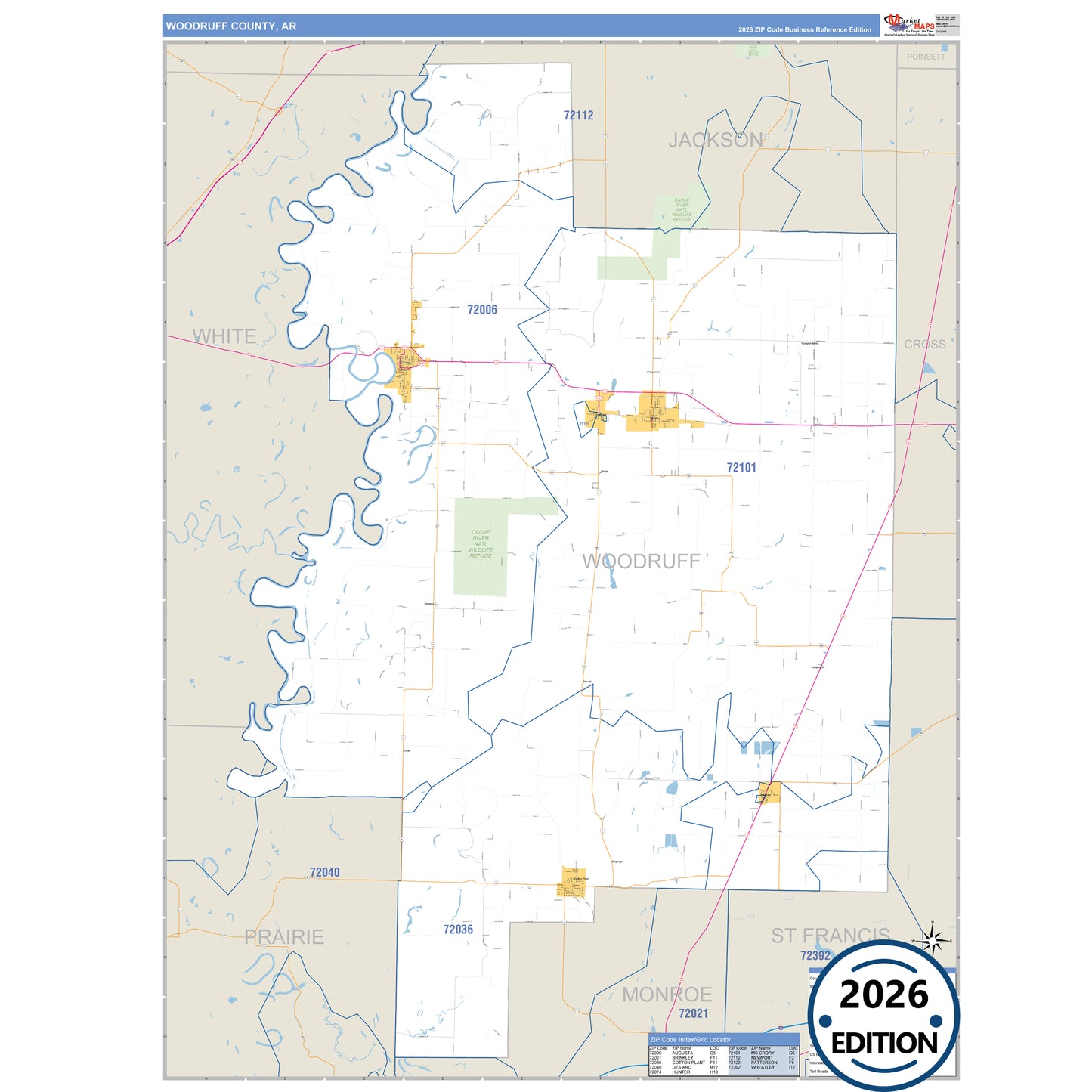 Woodruff County, AR Business Reference 5 Digit ZIP Code Wall Map