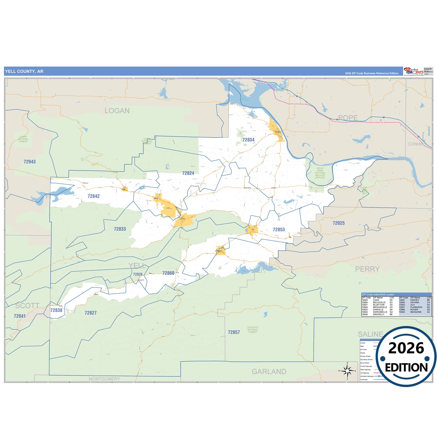 Yell County, AR Business Reference 5 Digit ZIP Code Wall Map