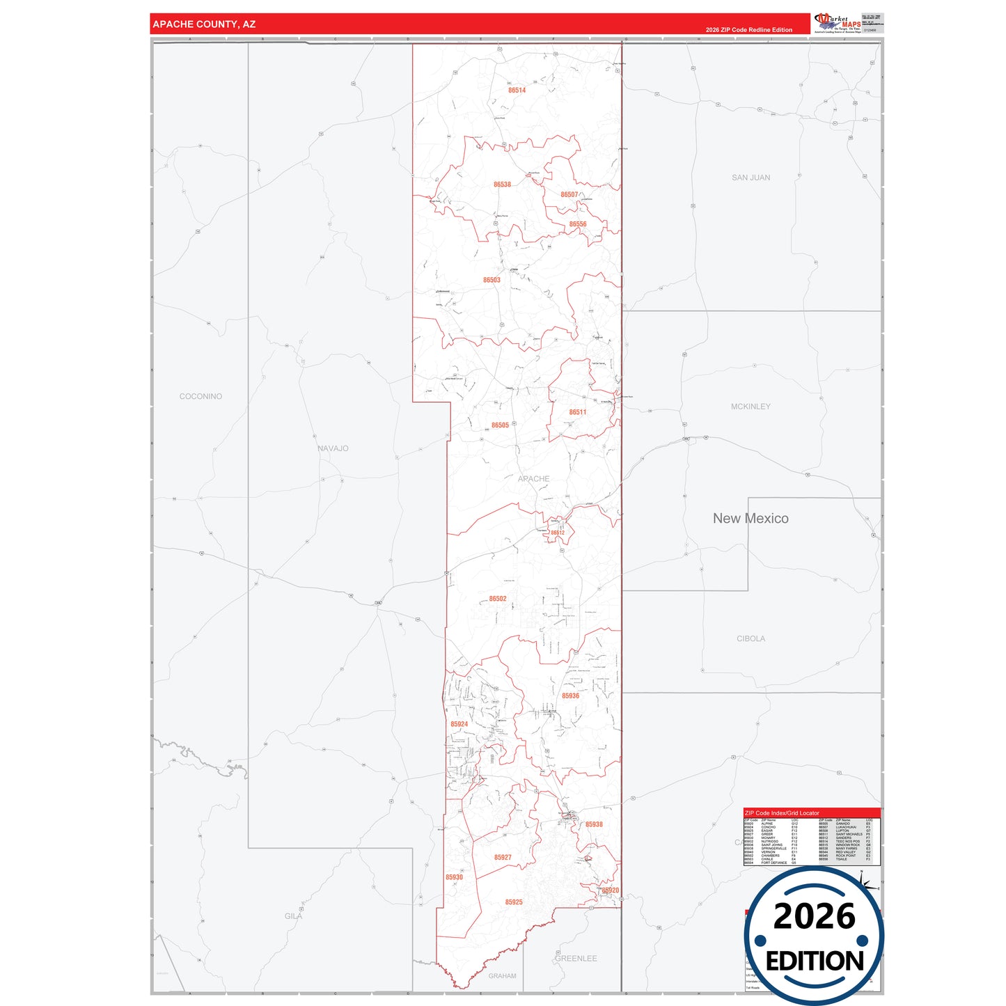 Apache County, AZ Red Line map with detailed roads, cities, and ZIP code boundaries.