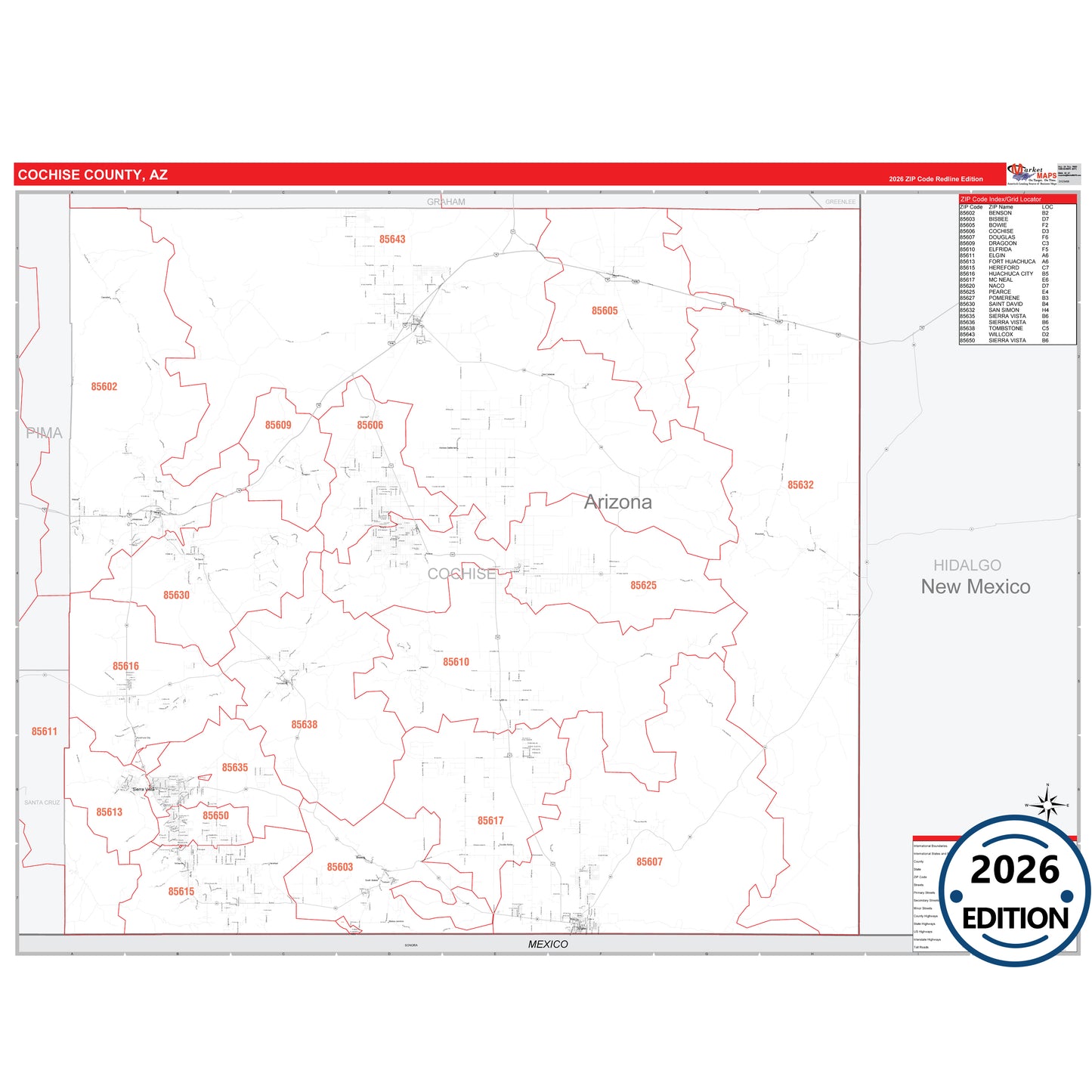 Cochise County, AZ Red Line map with detailed roads, cities, and ZIP code boundaries.