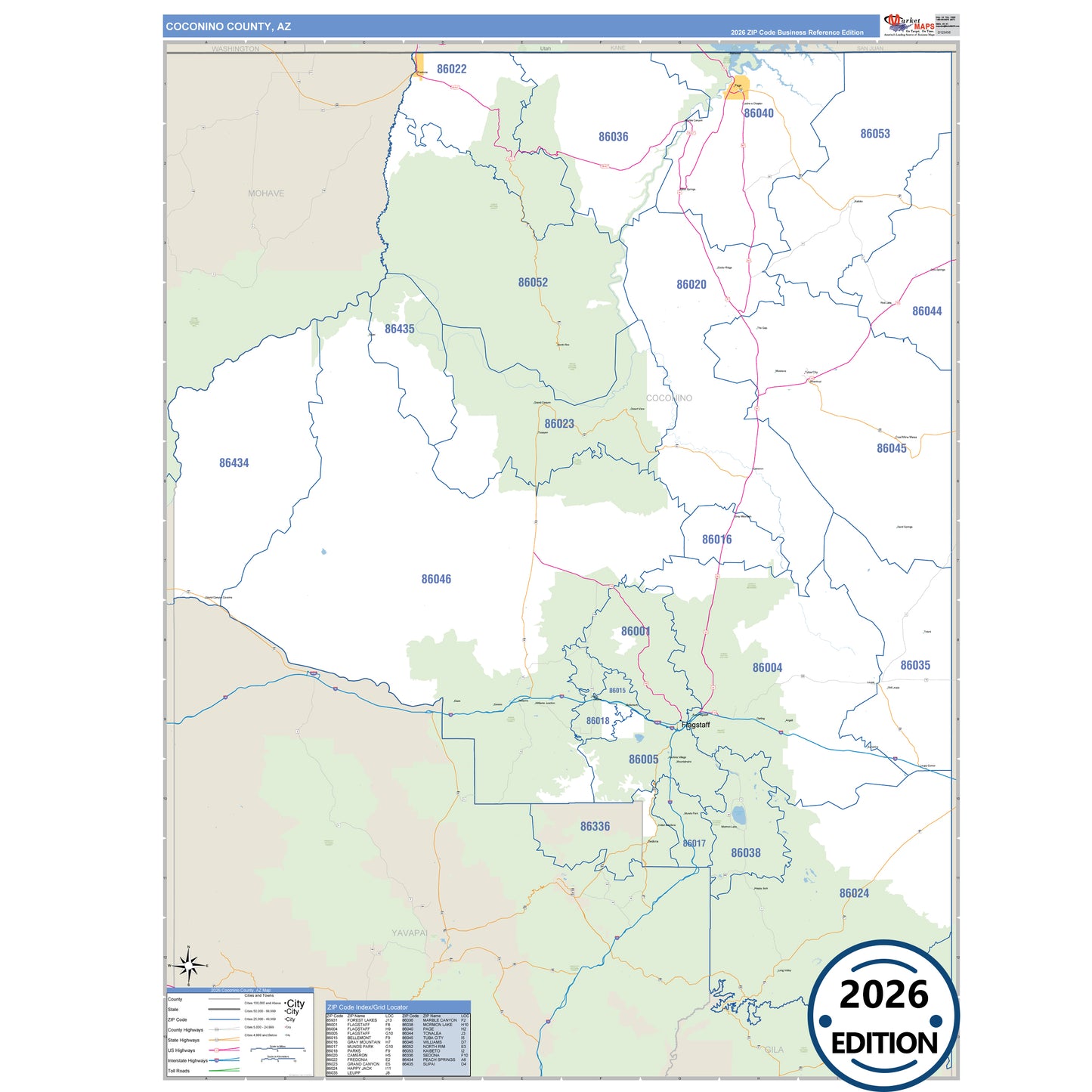 Coconino County, AZ Business Reference map with detailed roads, cities, and ZIP code boundaries.