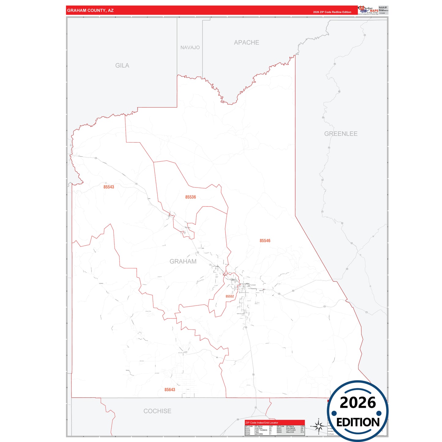 Graham County, AZ Red Line 5 Digit ZIP Code Wall Map