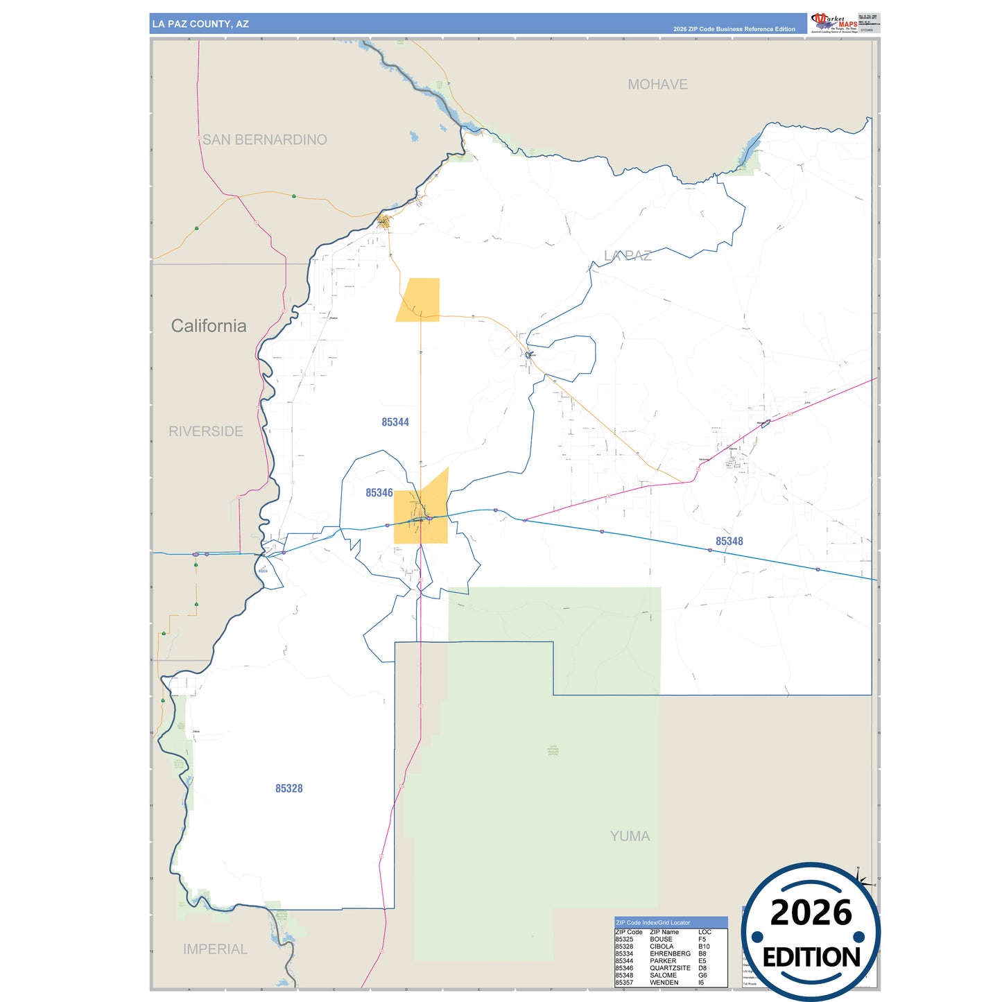 La Paz County, AZ Business Reference map with detailed roads, cities, and ZIP code boundaries.