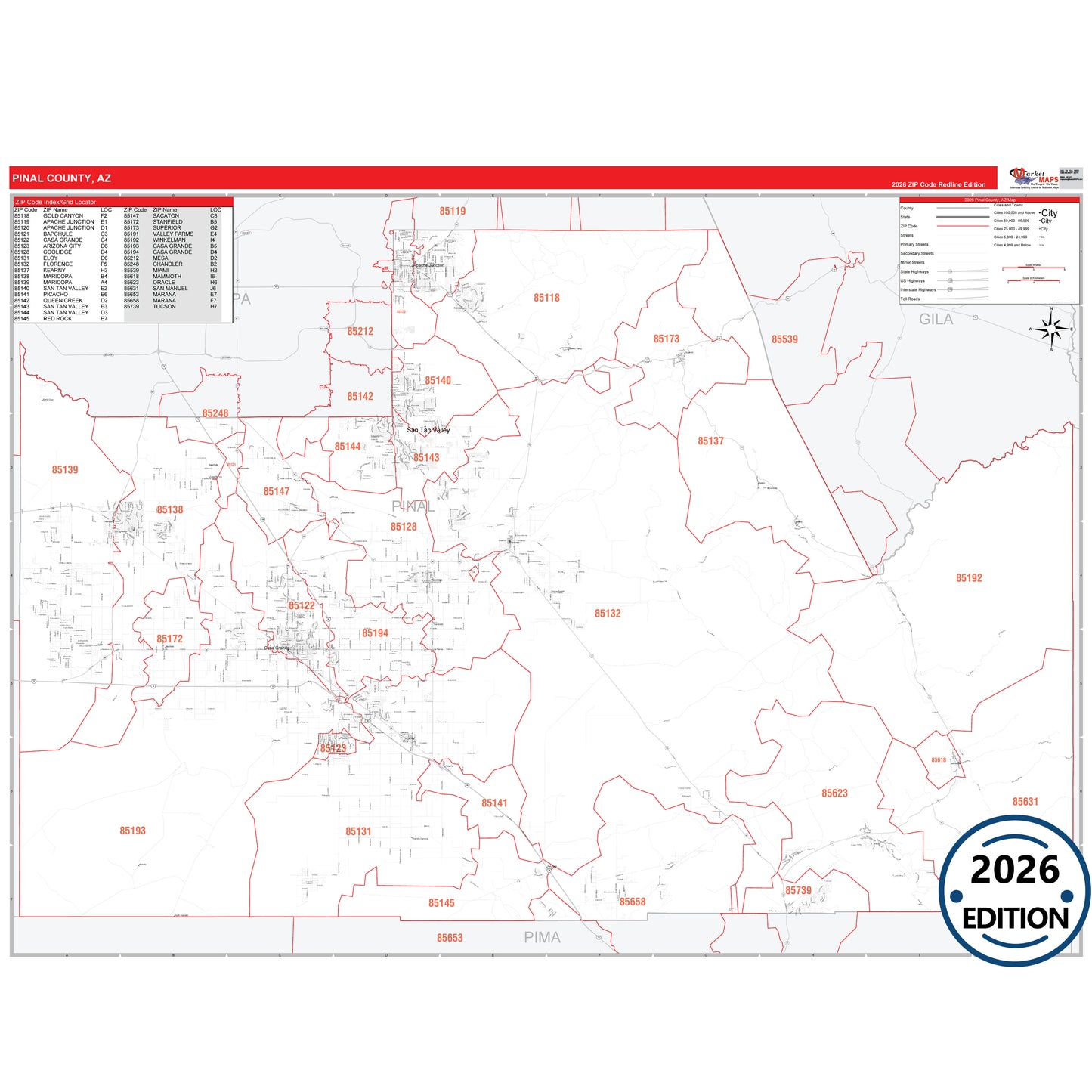 Pinal County, AZ Red Line map with detailed roads, cities, and ZIP code boundaries.
