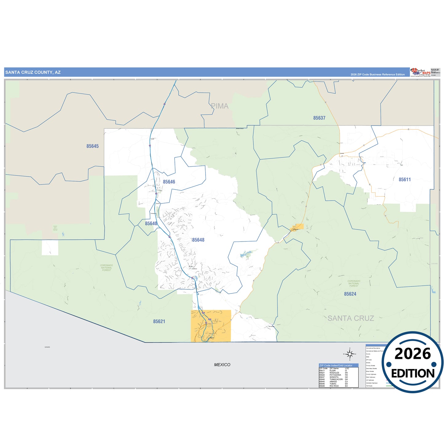 Santa Cruz County, AZ Business Reference map with detailed roads, cities, and ZIP code boundaries.