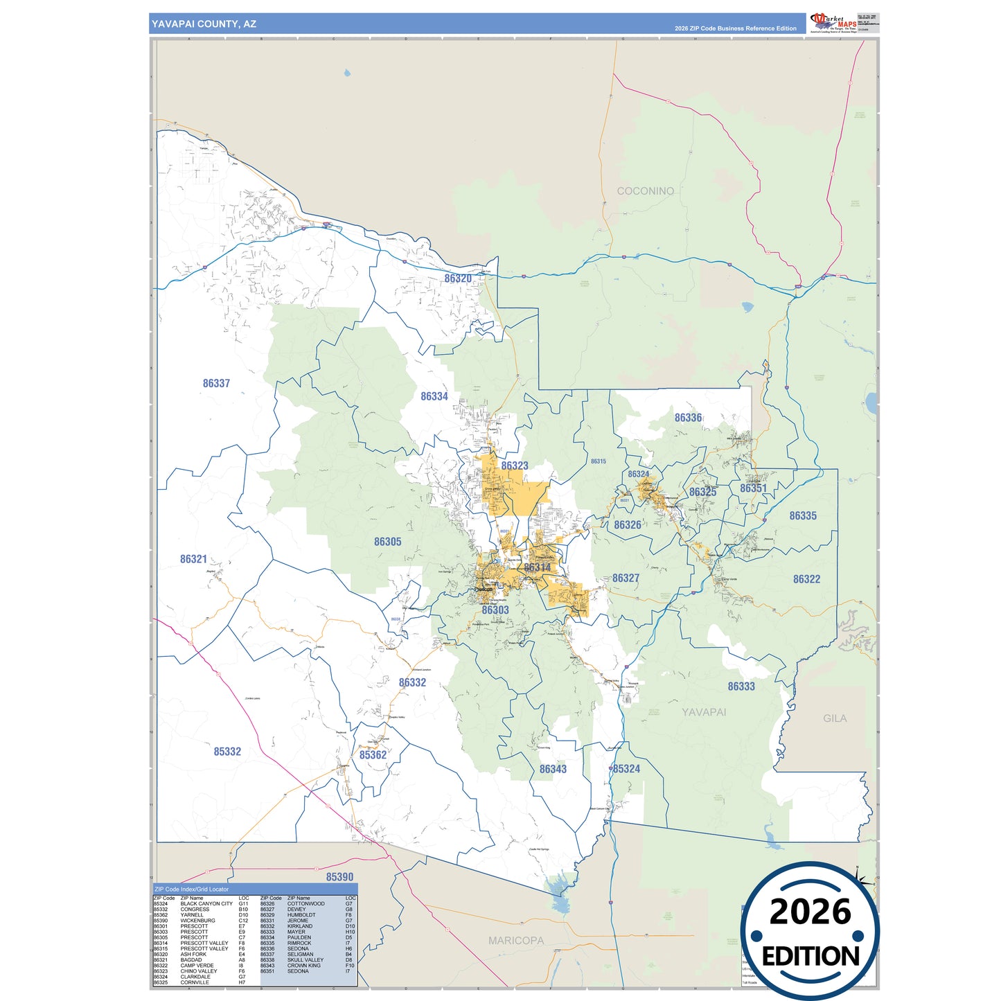 Yavapai County, AZ Business Reference map with detailed roads, cities, and ZIP code boundaries.
