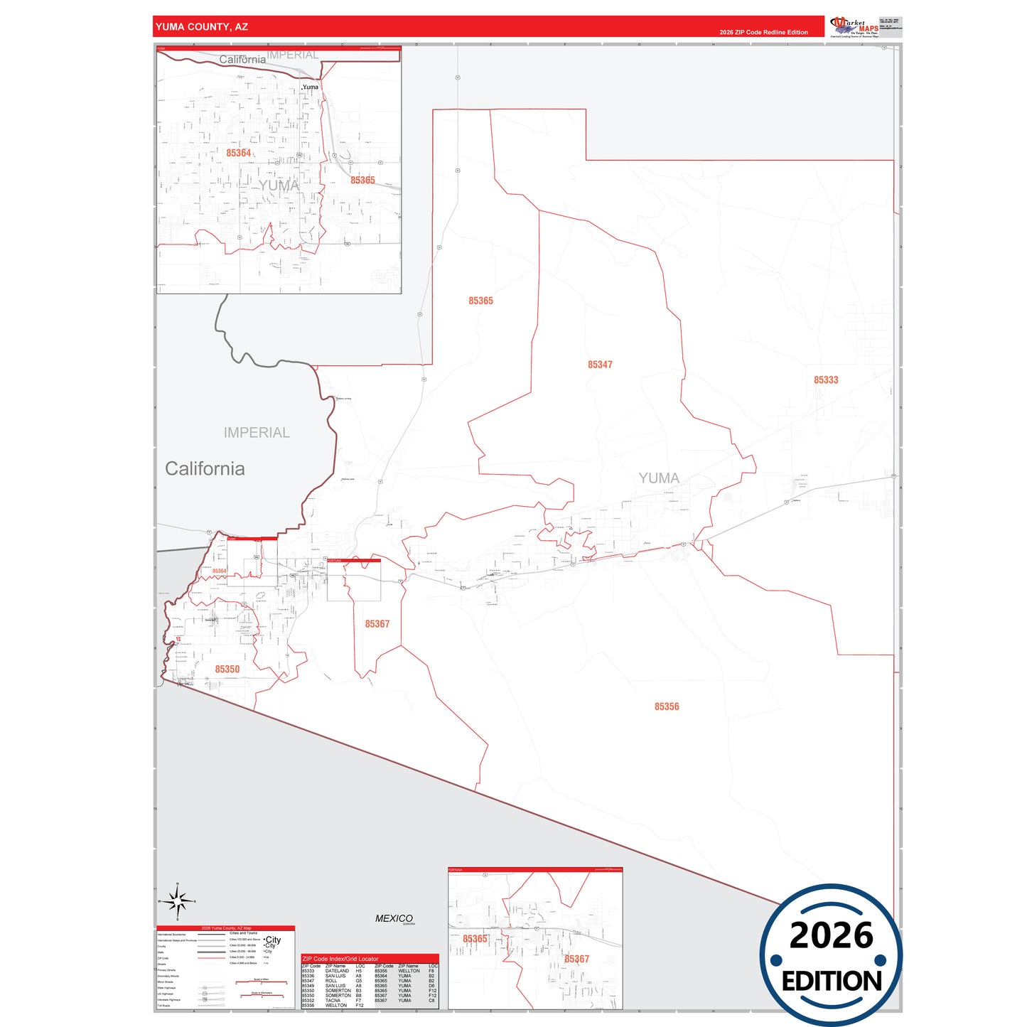 Yuma County, AZ Red Line map with detailed roads, cities, and ZIP code boundaries.