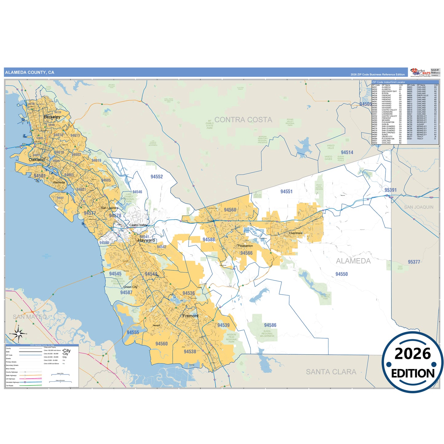 Alameda County, CA Business Reference map with detailed roads, cities, and ZIP code boundaries.