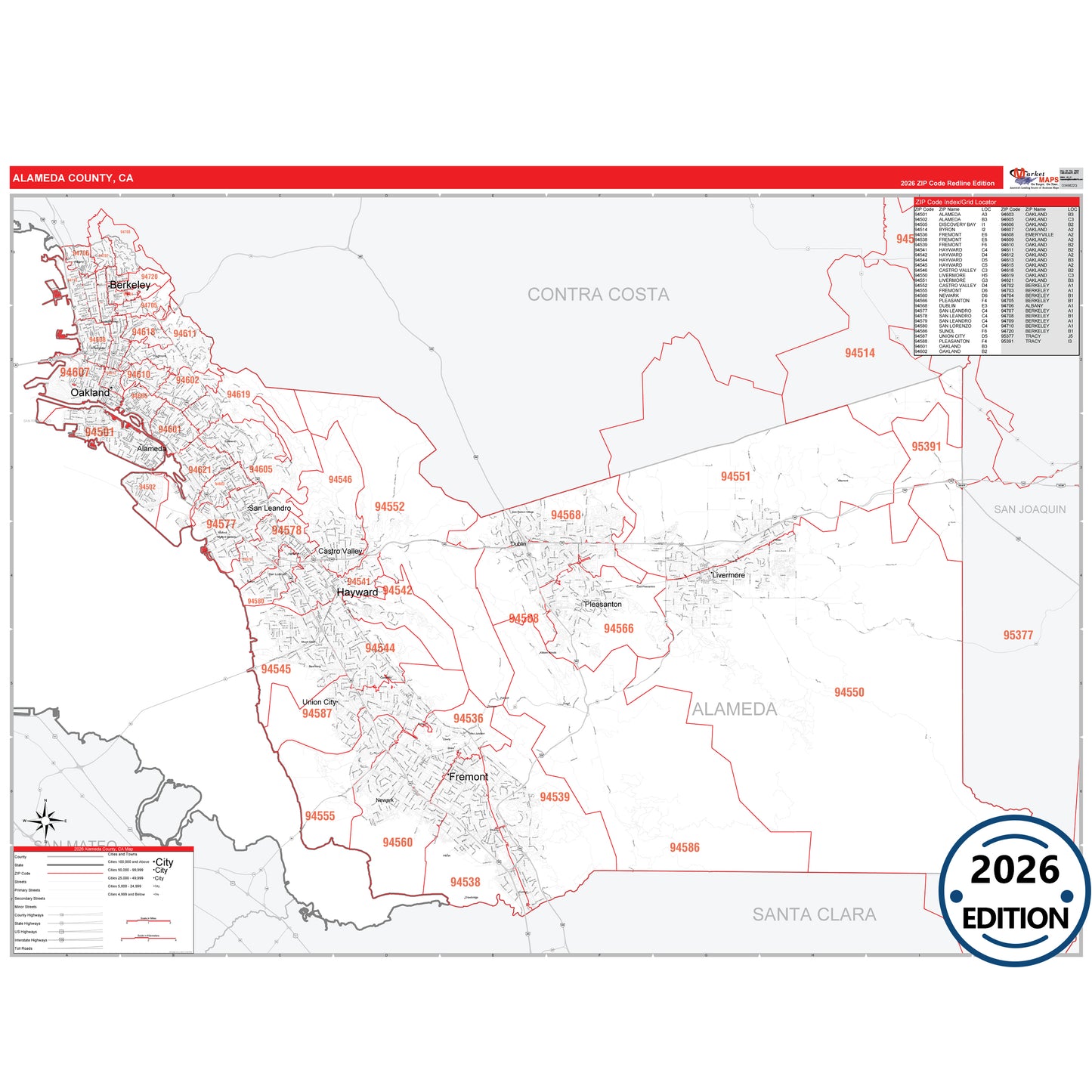 Alameda County, CA Red Line 5 Digit ZIP Code Wall Map