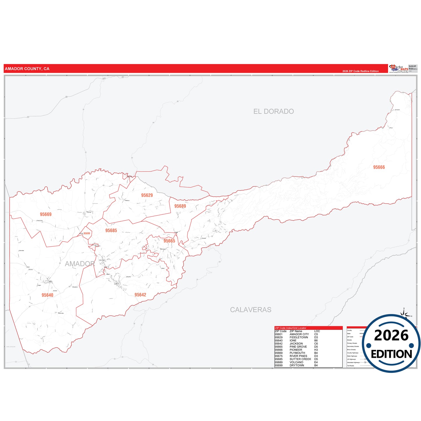 Amador County, CA Red Line 5 Digit ZIP Code Wall Map