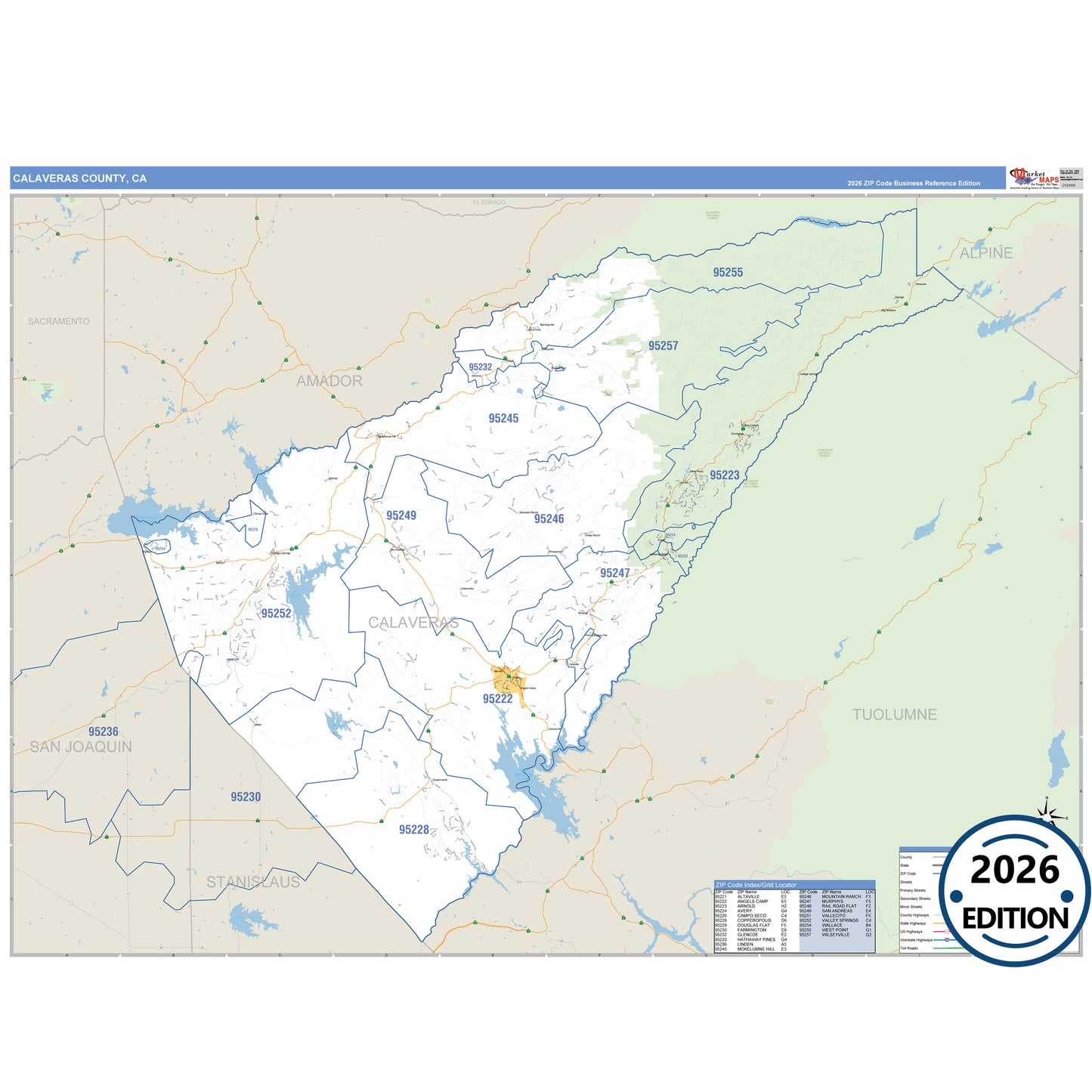Calaveras County, CA Business Reference 5 Digit ZIP Code Wall Map