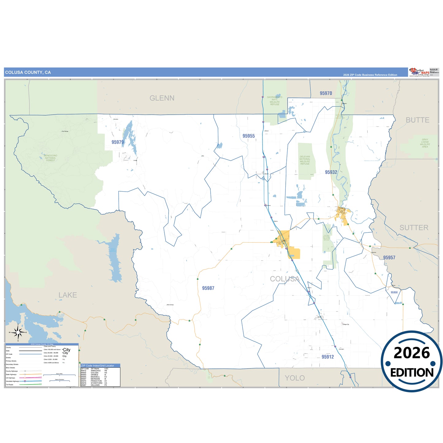 Colusa County, CA Business Reference 5 Digit ZIP Code Wall Map