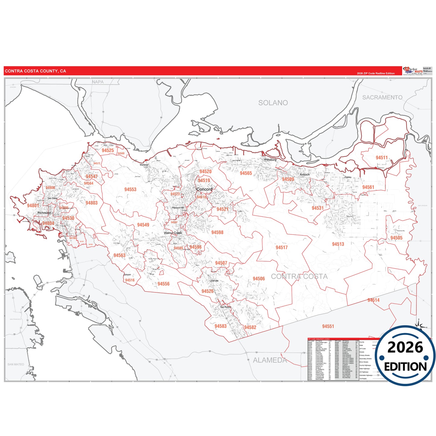Contra Costa County, CA Red Line 5 Digit ZIP Code Wall Map