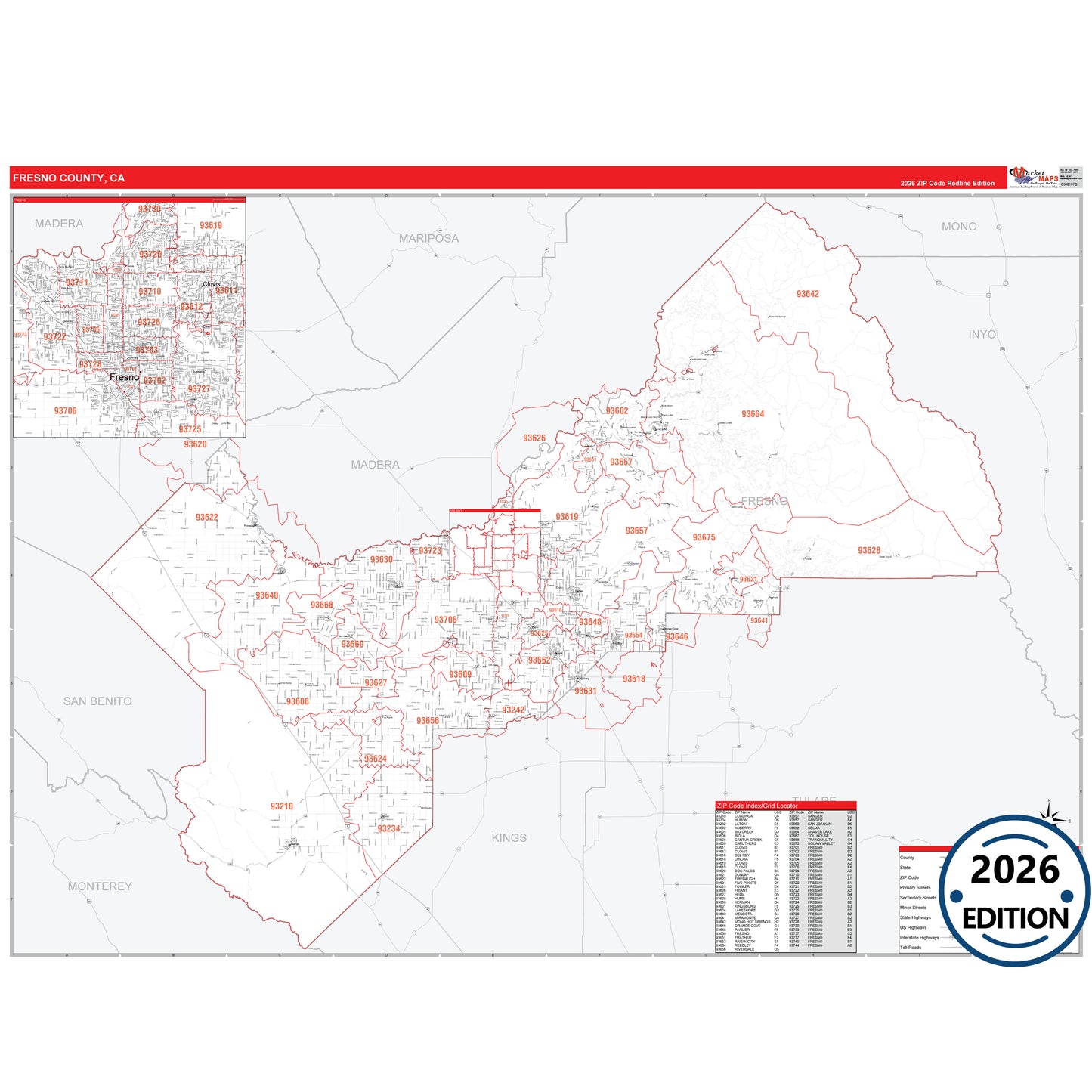 Fresno County, CA Red Line 5 Digit ZIP Code Wall Map