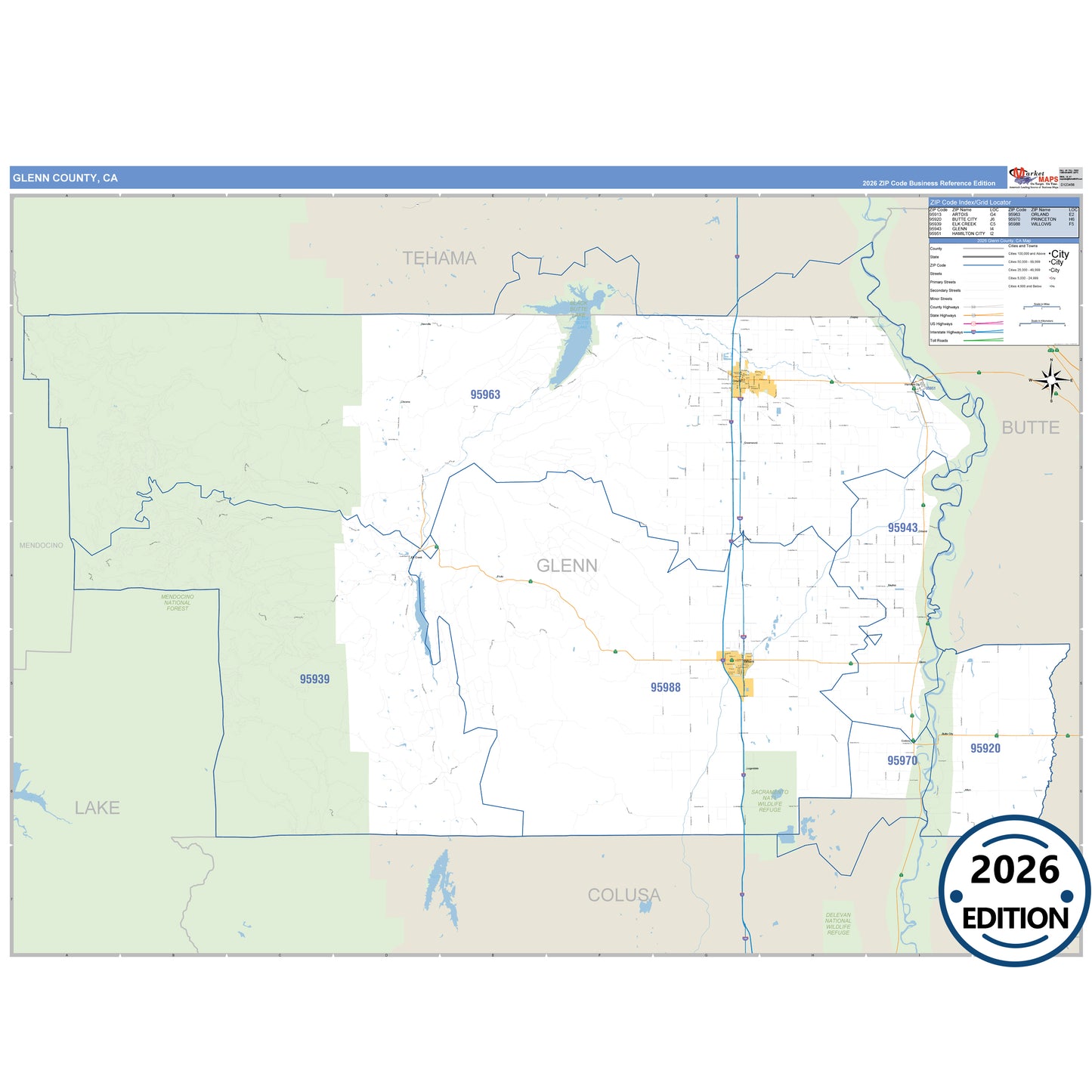 Glenn County, CA Business Reference map with detailed roads, cities, and ZIP code boundaries.