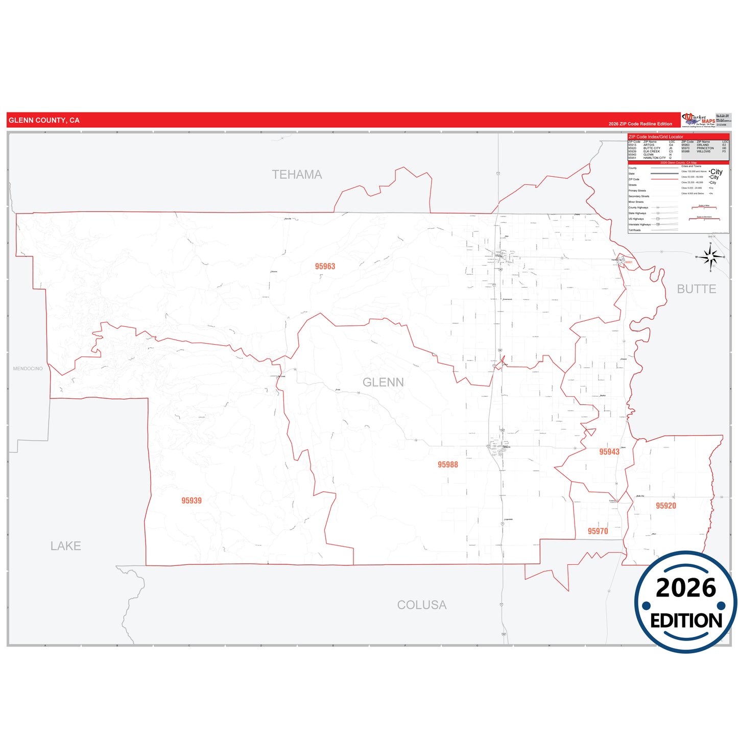 Glenn County, CA Red Line 5 Digit ZIP Code Wall Map