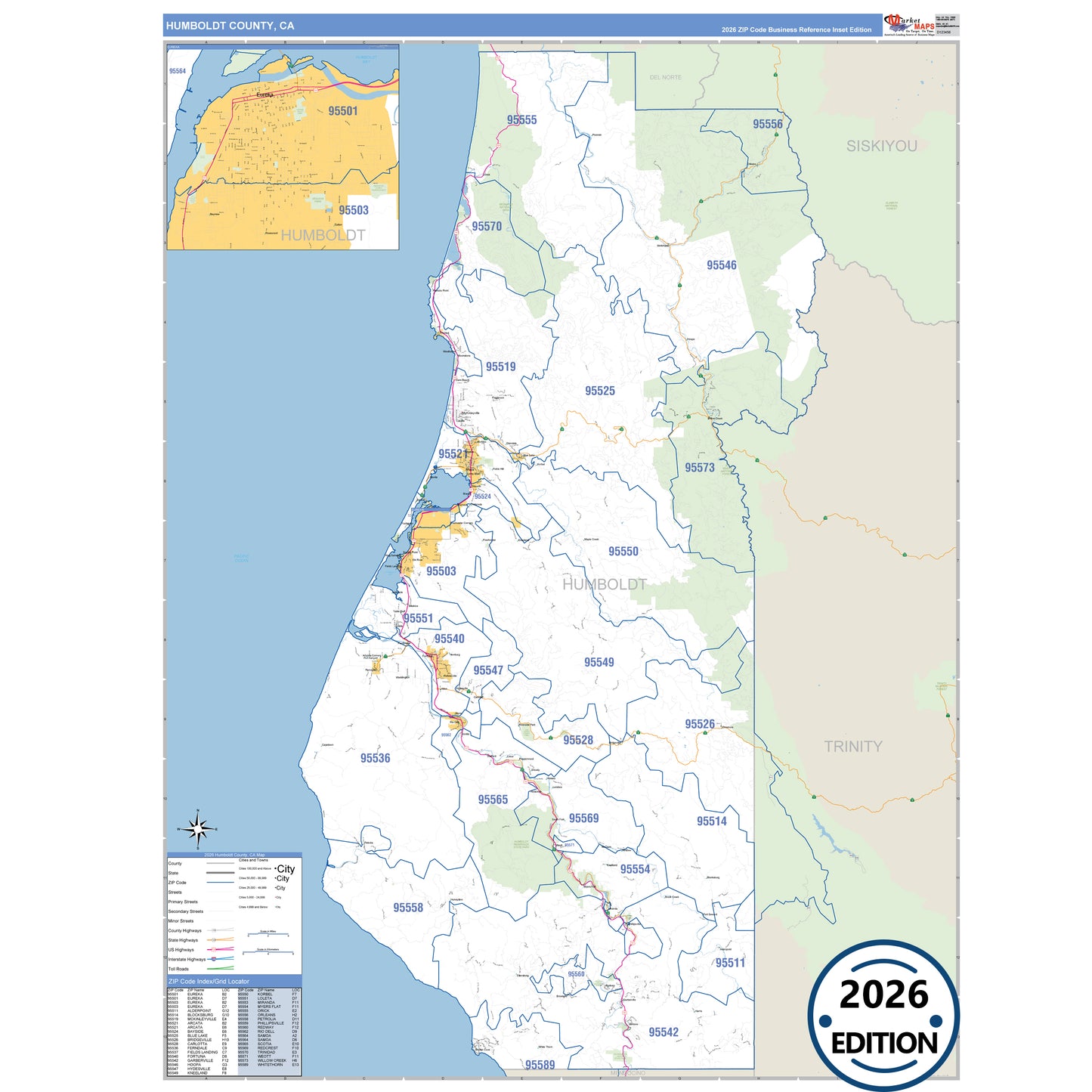 Humboldt County, CA Business Reference 5 Digit ZIP Code Wall Map