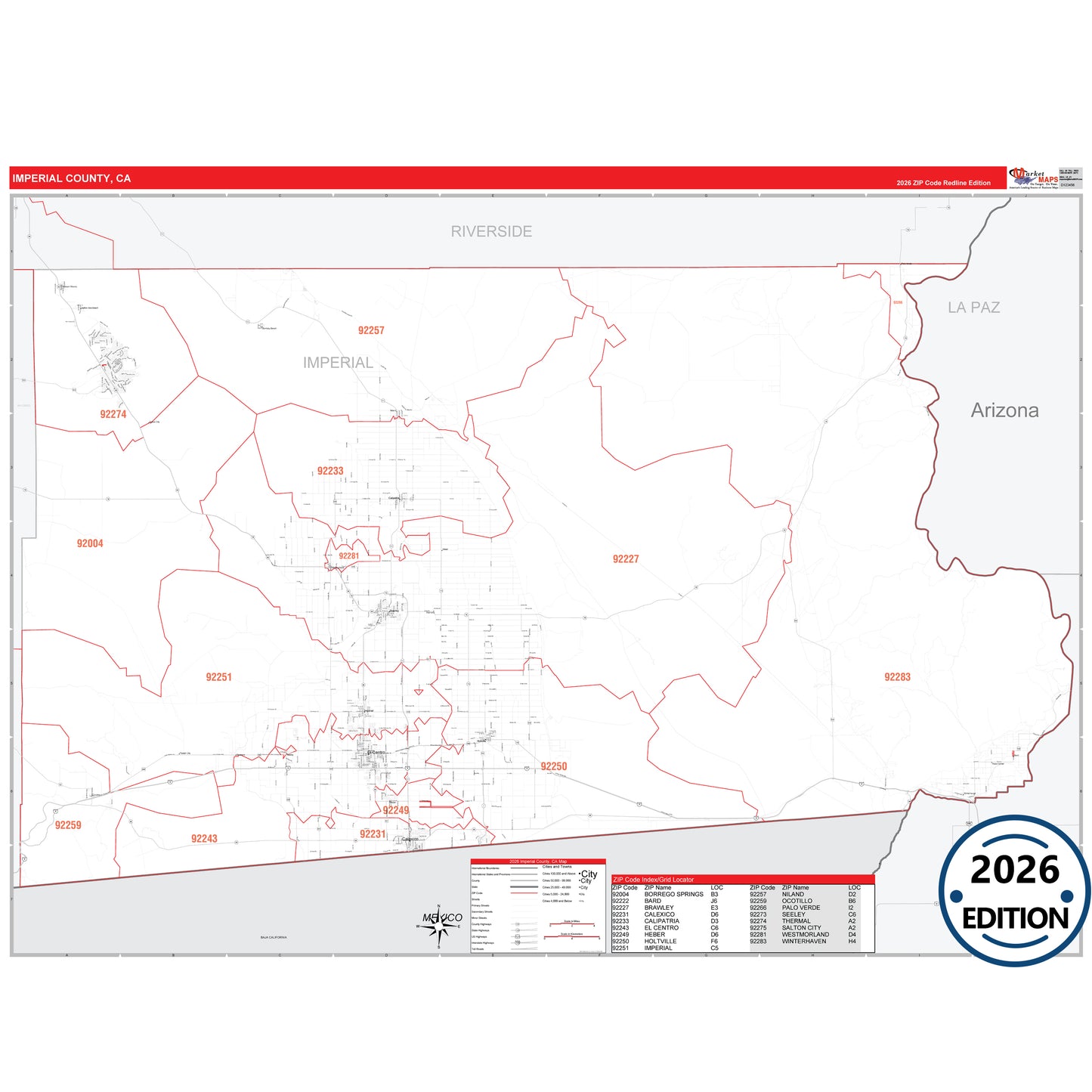 Imperial County, CA Red Line 5 Digit ZIP Code Wall Map