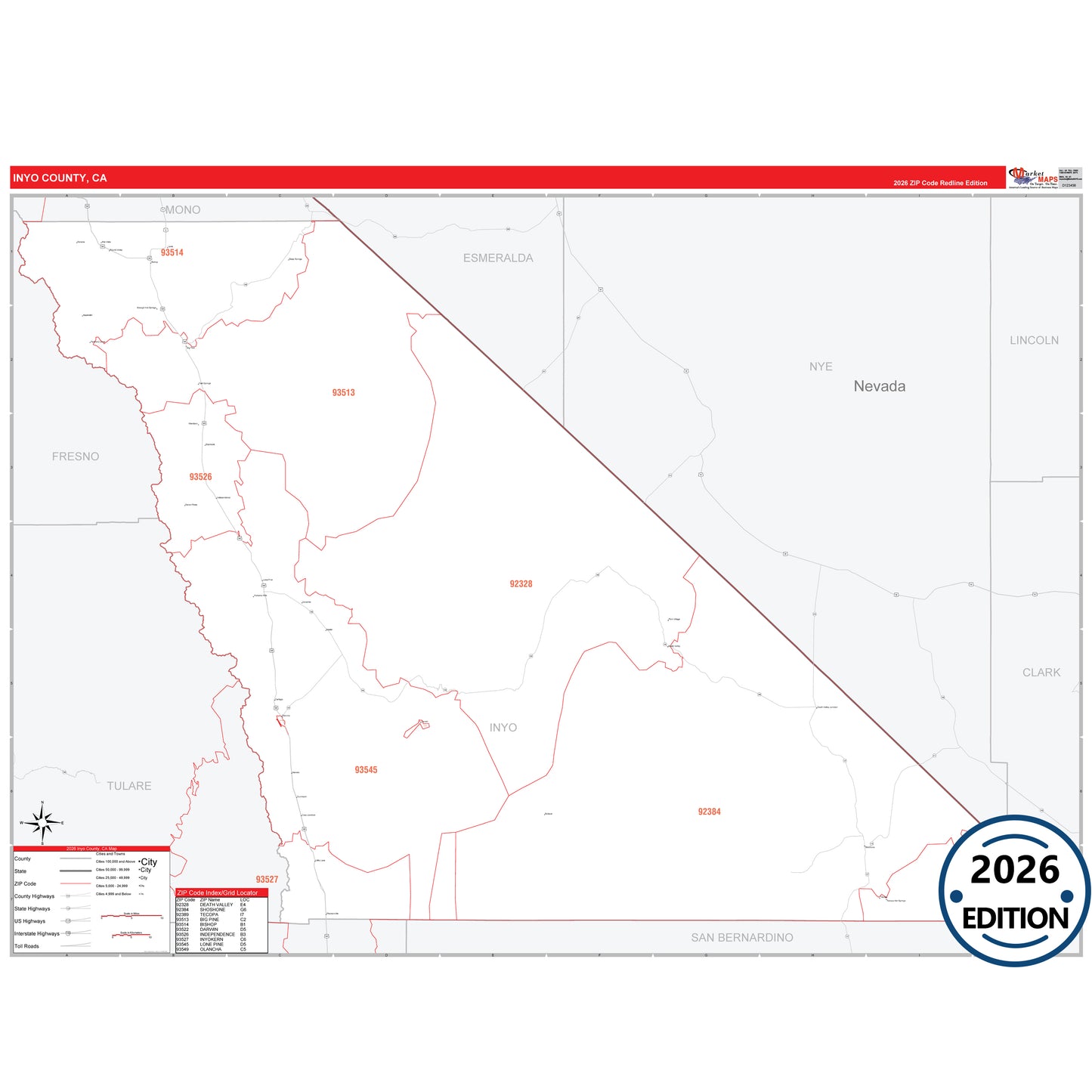 Inyo County, CA Red Line 5 Digit ZIP Code Wall Map