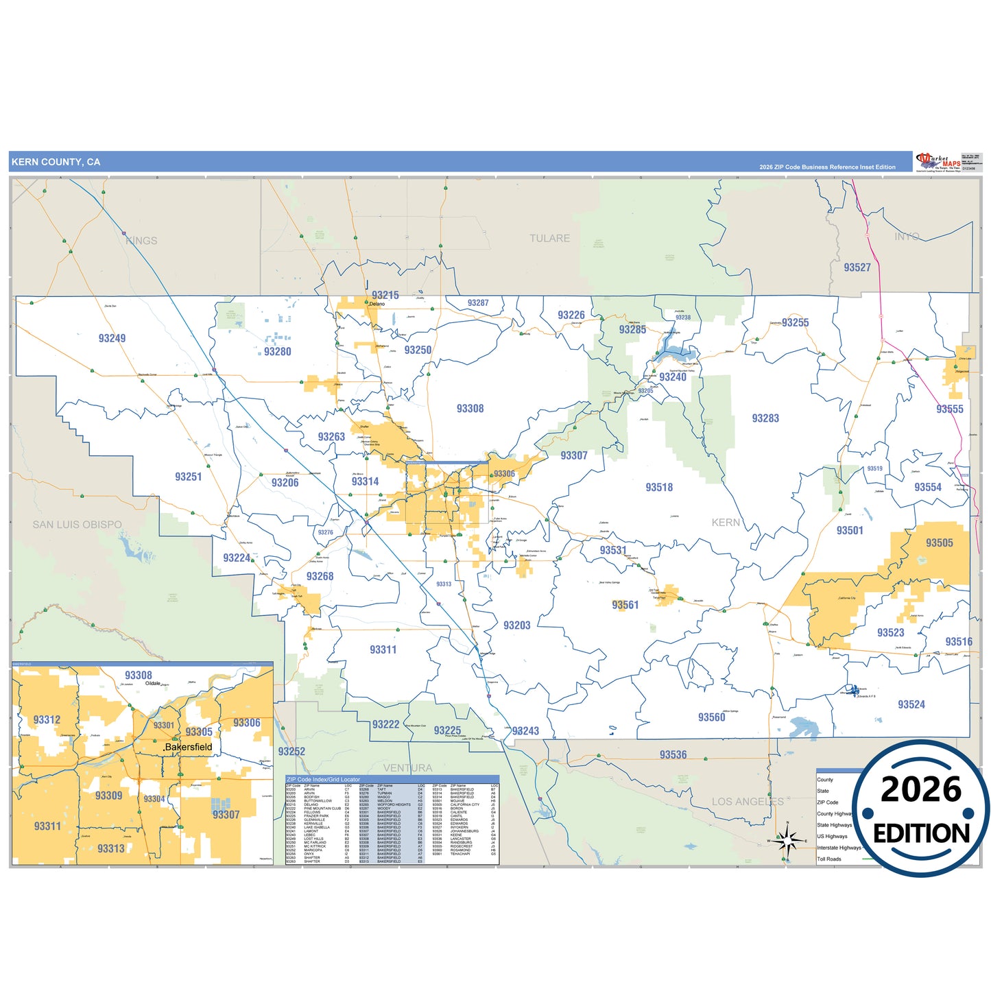 Kern County, CA Business Reference 5 Digit ZIP Code Wall Map