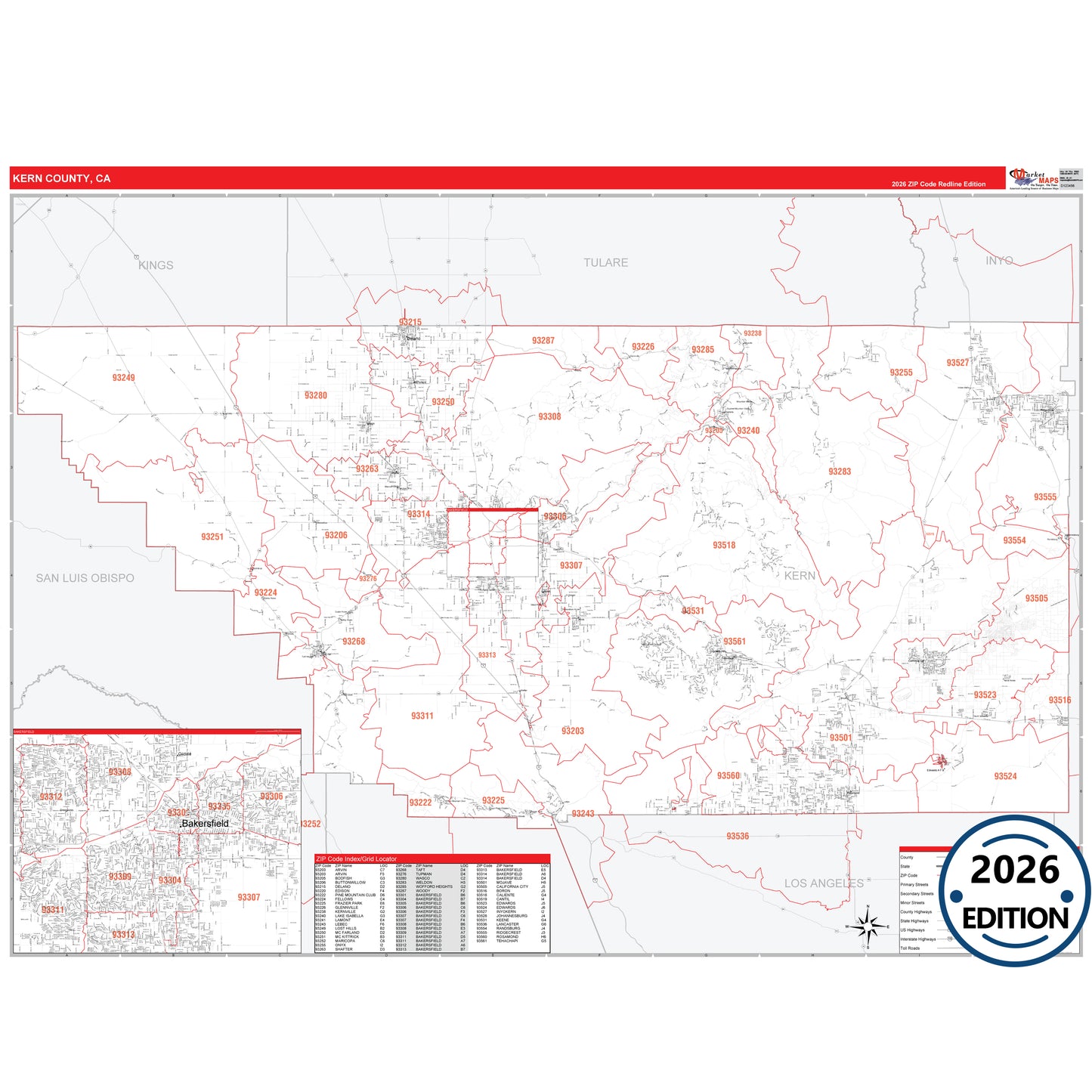 Kern County, CA Red Line 5 Digit ZIP Code Wall Map