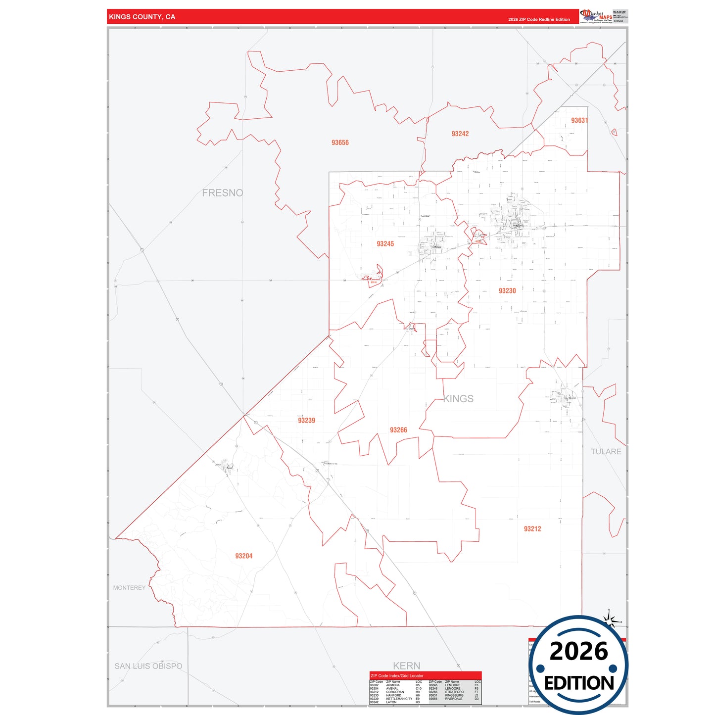 Kings County, CA Red Line 5 Digit ZIP Code Wall Map