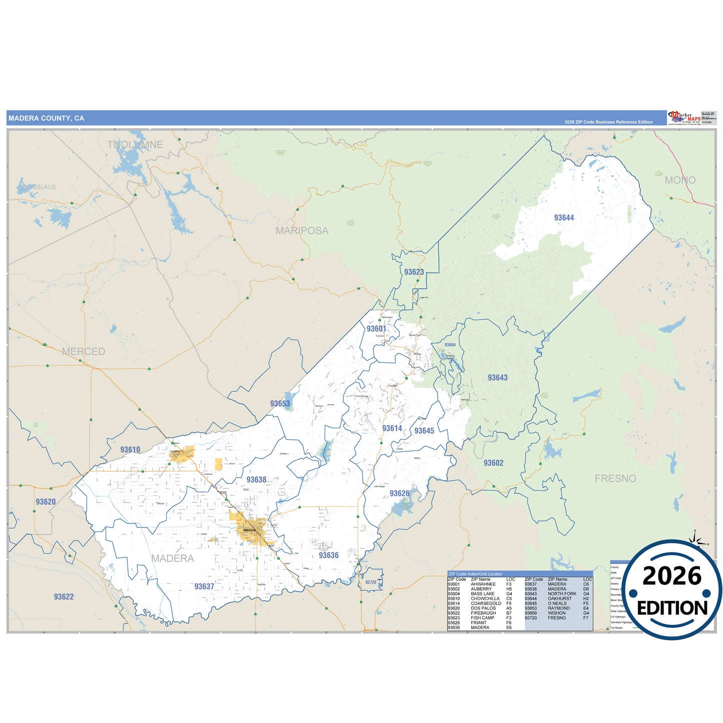 Madera County, CA Business Reference 5 Digit ZIP Code Wall Map