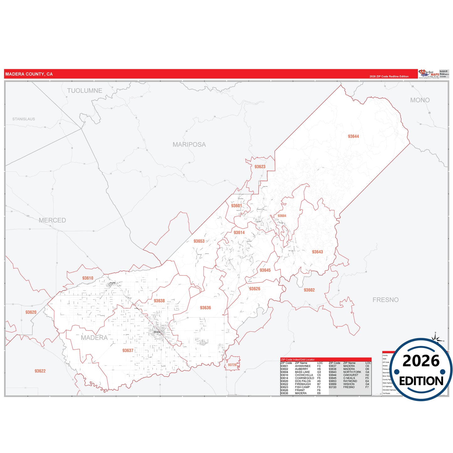 Madera County, CA Red Line 5 Digit ZIP Code Wall Map