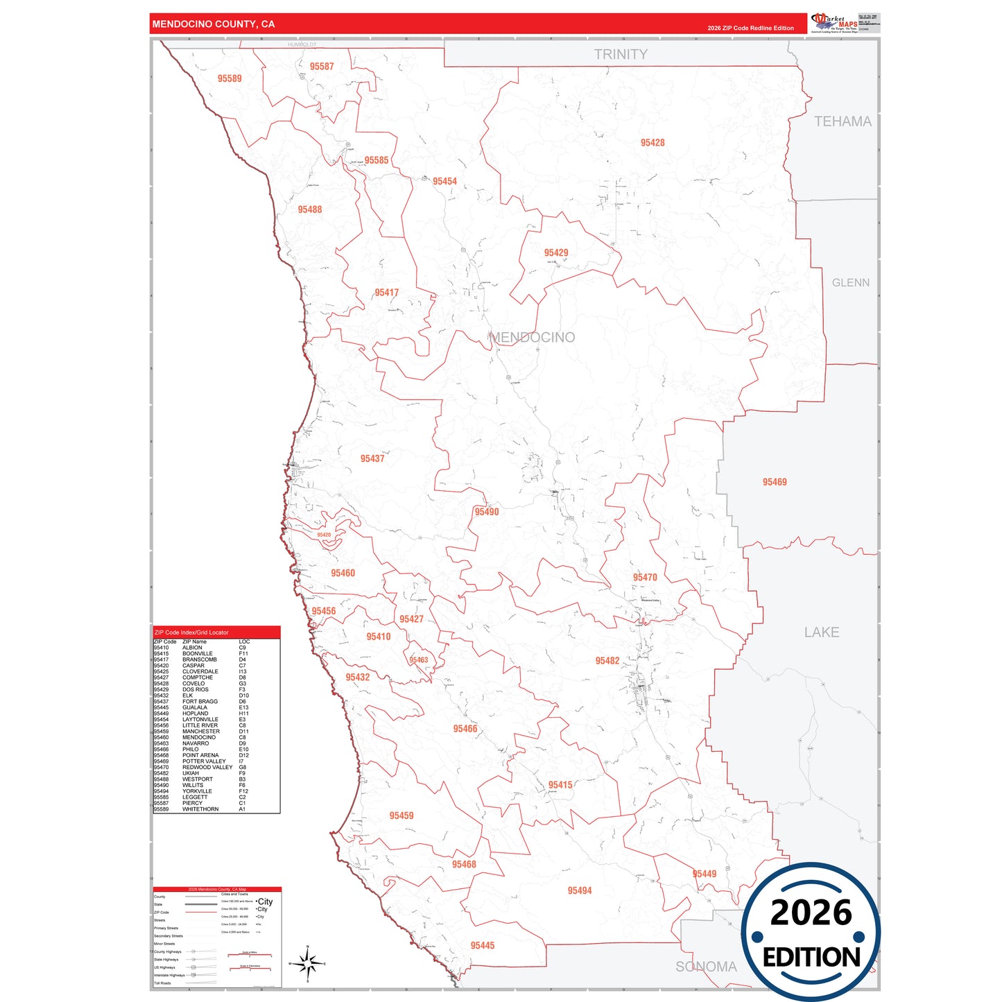Mendocino County, CA Red Line 5 Digit ZIP Code Wall Map