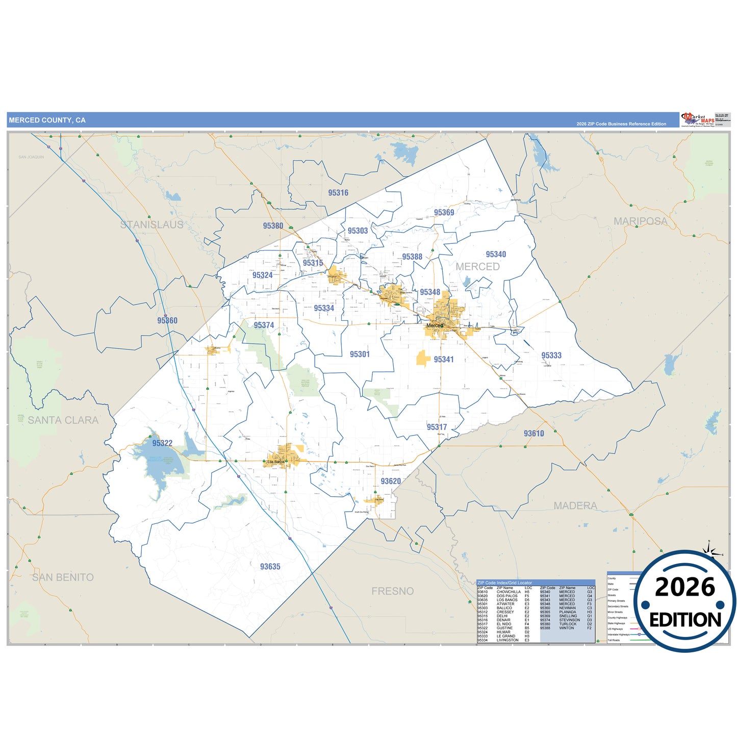 Merced County, CA Business Reference map with detailed roads, cities, and ZIP code boundaries.