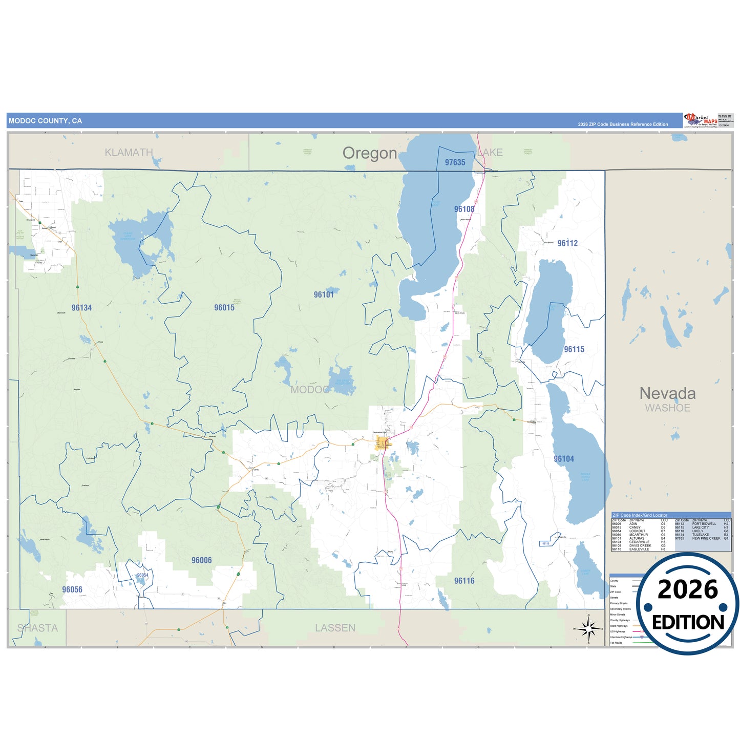 Modoc County, CA Business Reference 5 Digit ZIP Code Wall Map