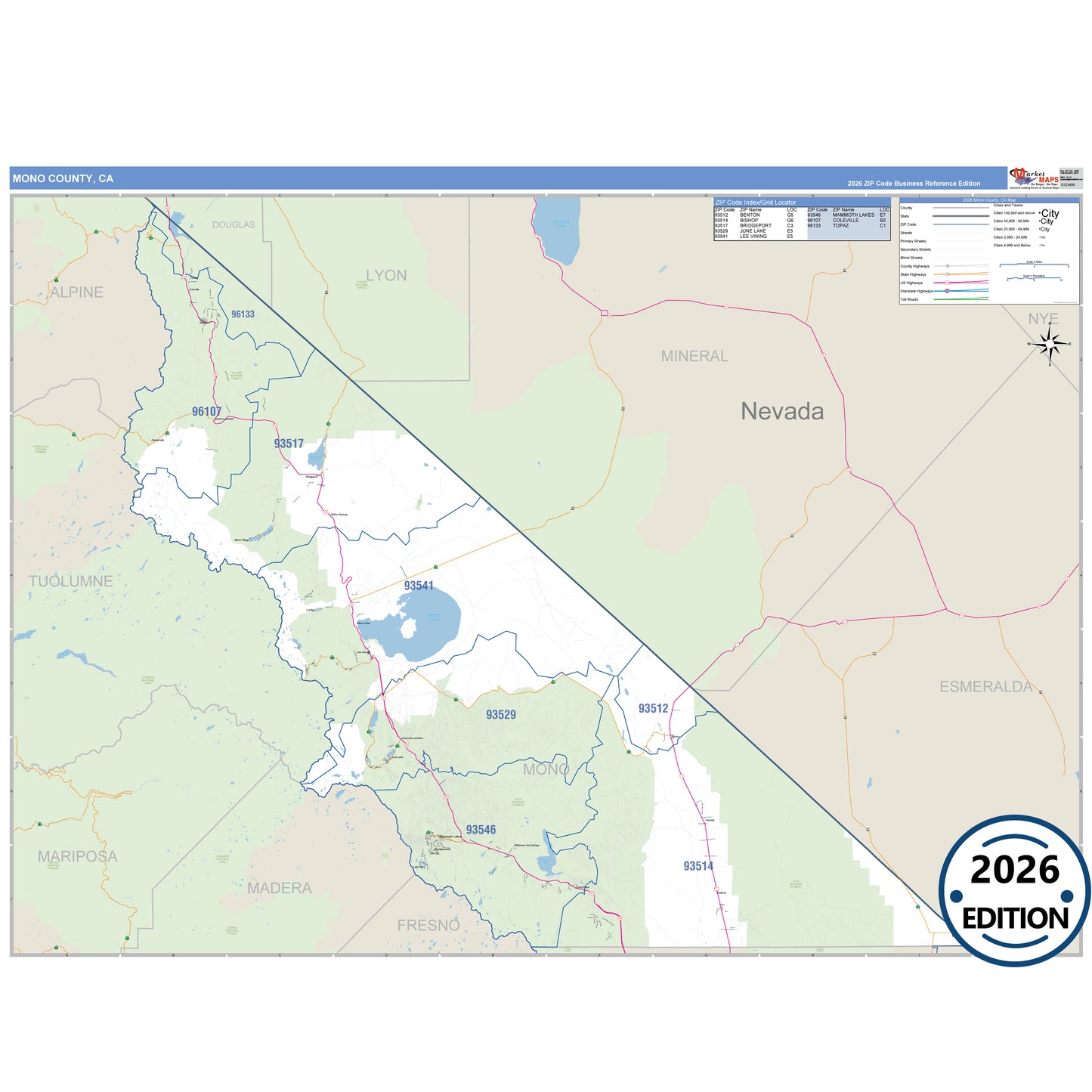 Mono County, CA Business Reference 5 Digit ZIP Code Wall Map