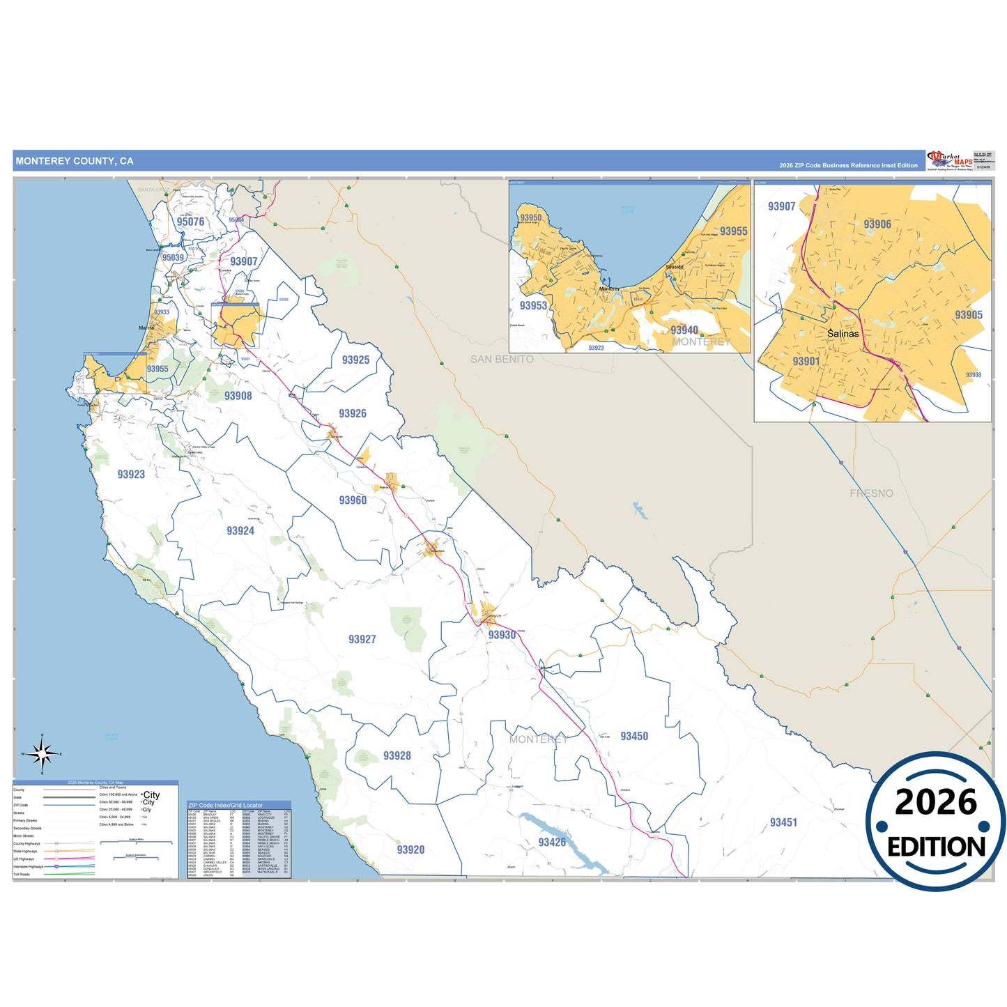 Monterey County, CA Business Reference 5 Digit ZIP Code Wall Map