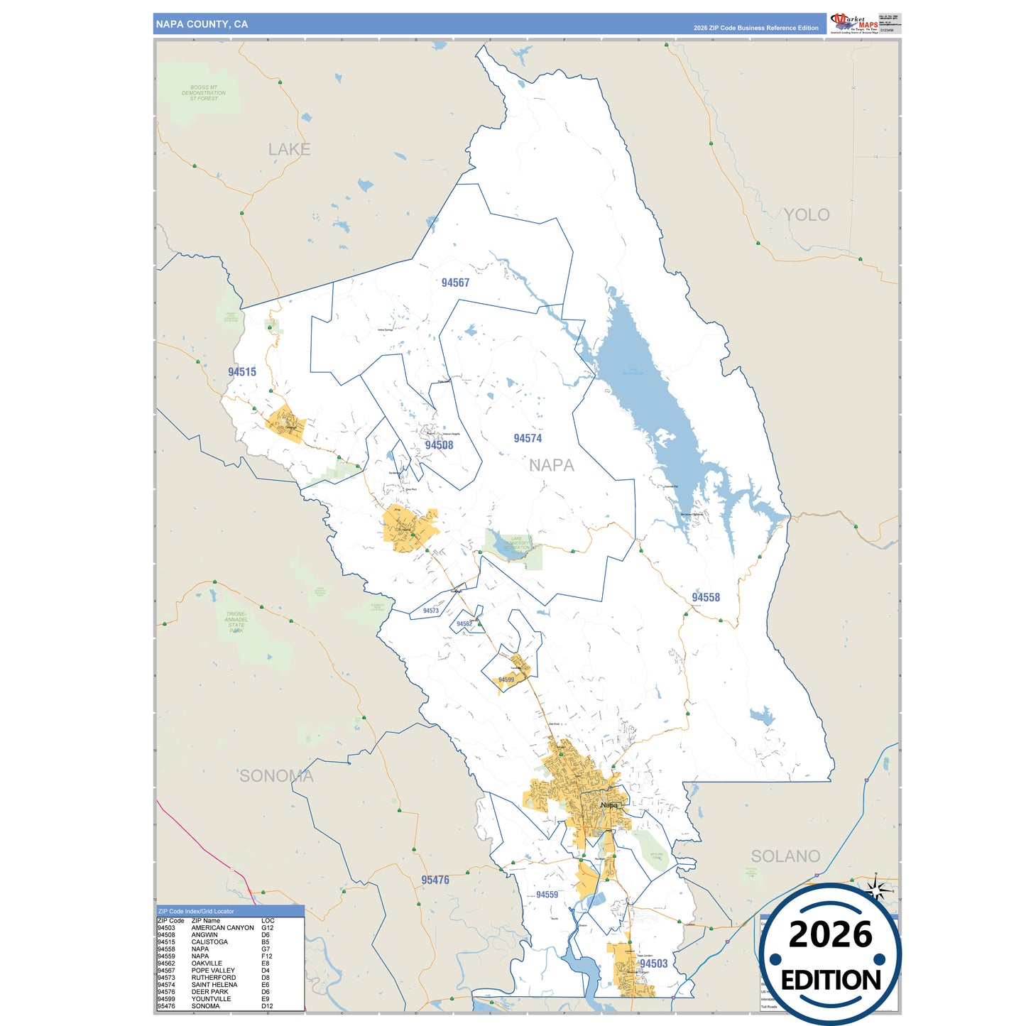 Napa County, CA Business Reference 5 Digit ZIP Code Wall Map