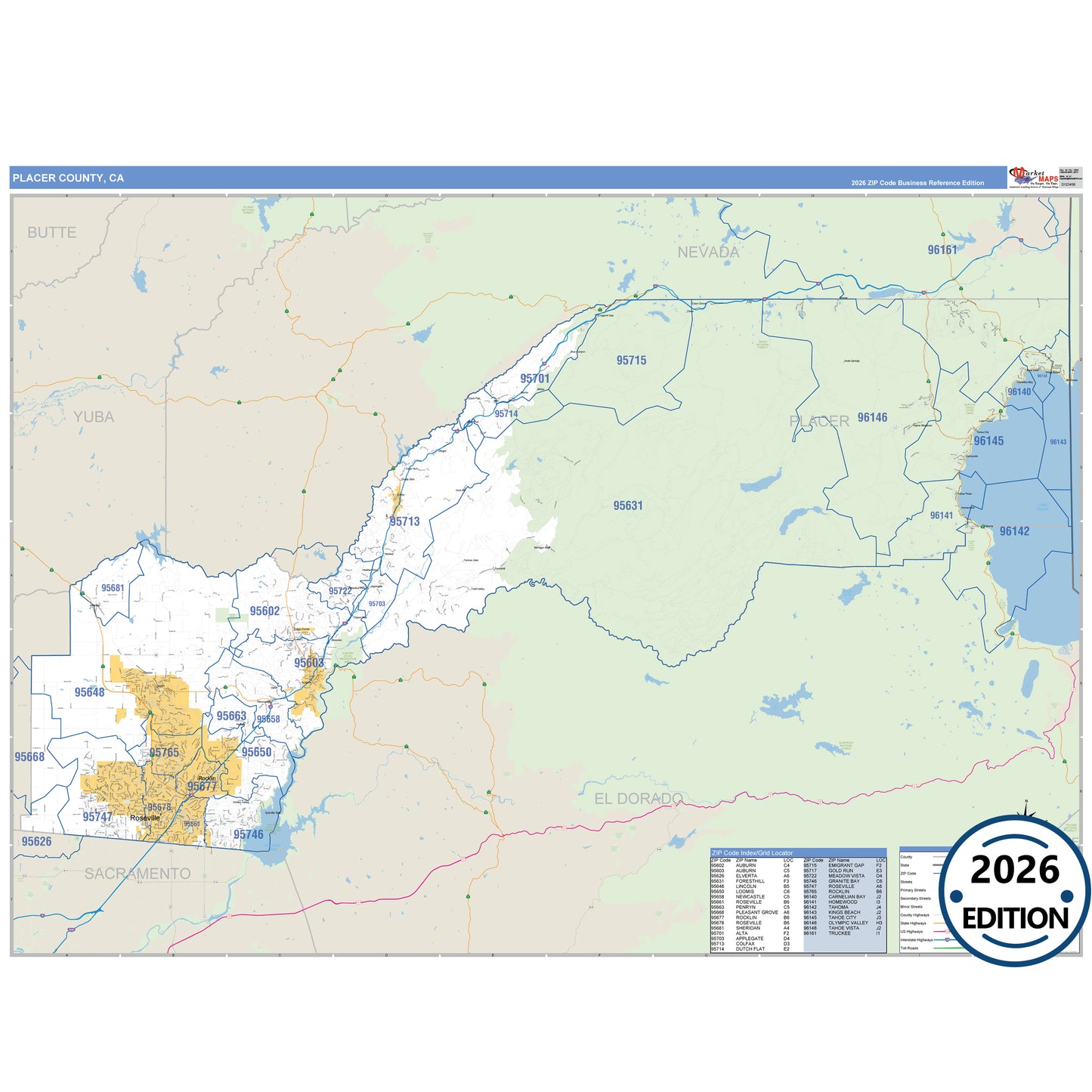 Placer County, CA Business Reference 5 Digit ZIP Code Wall Map