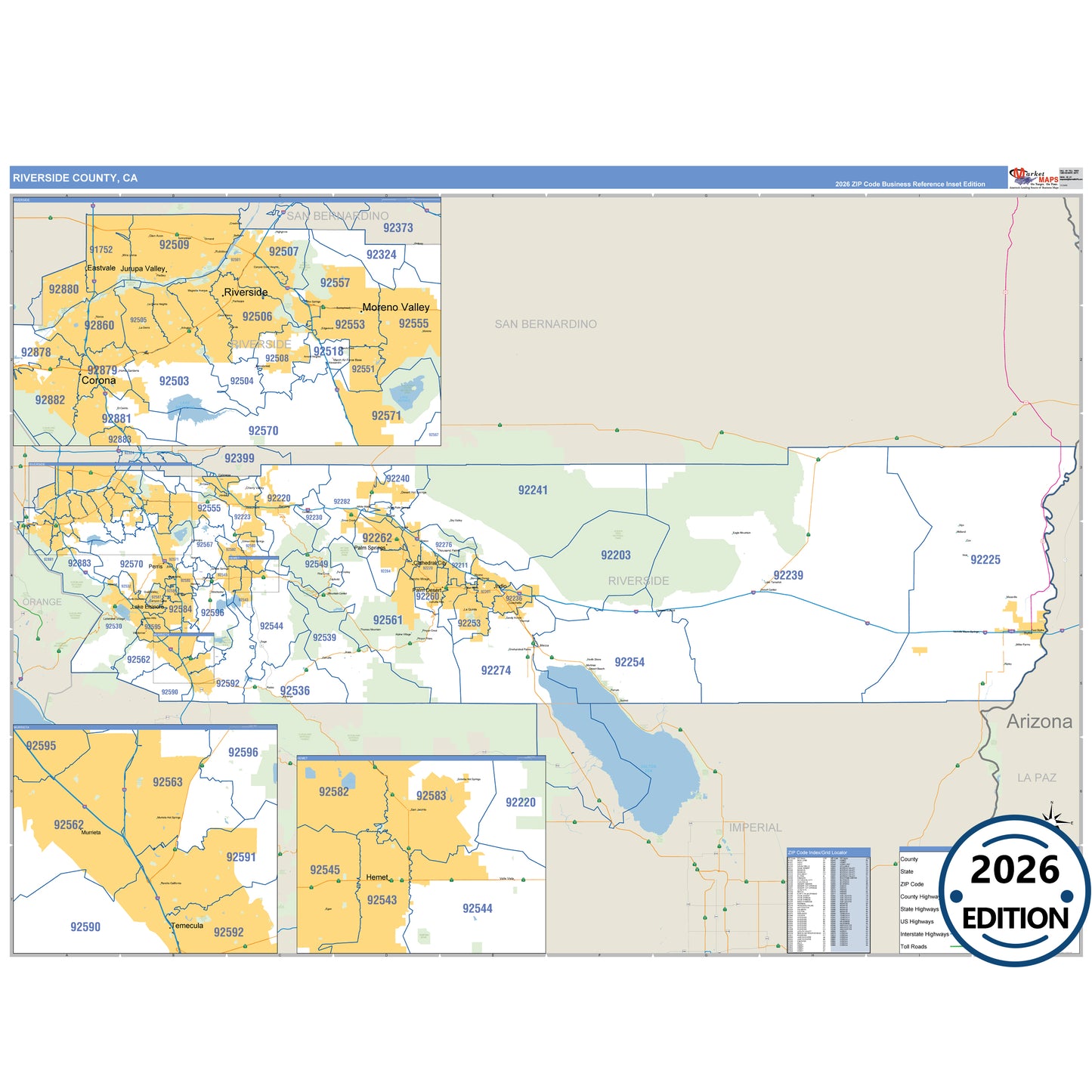 Riverside County, CA Business Reference 5 Digit ZIP Code Wall Map