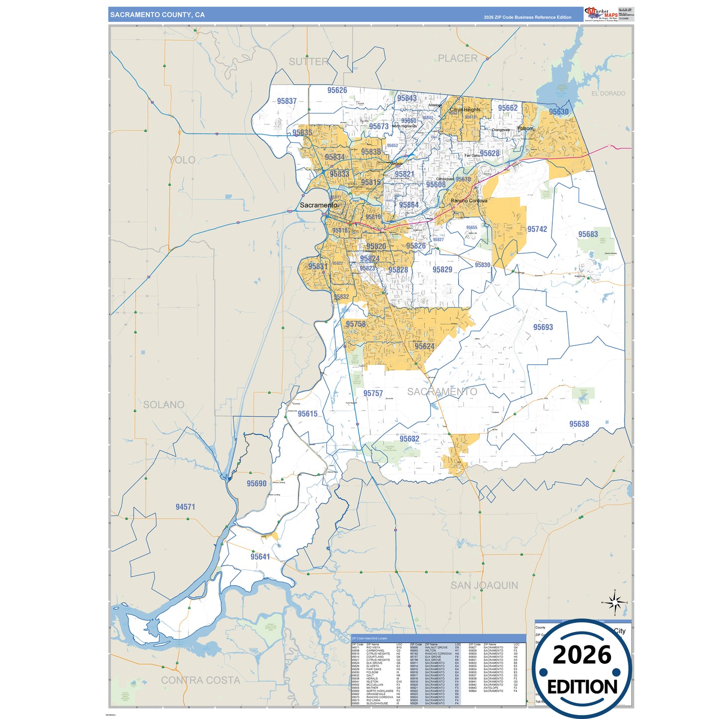 Sacramento County, CA Business Reference 5 Digit ZIP Code Wall Map
