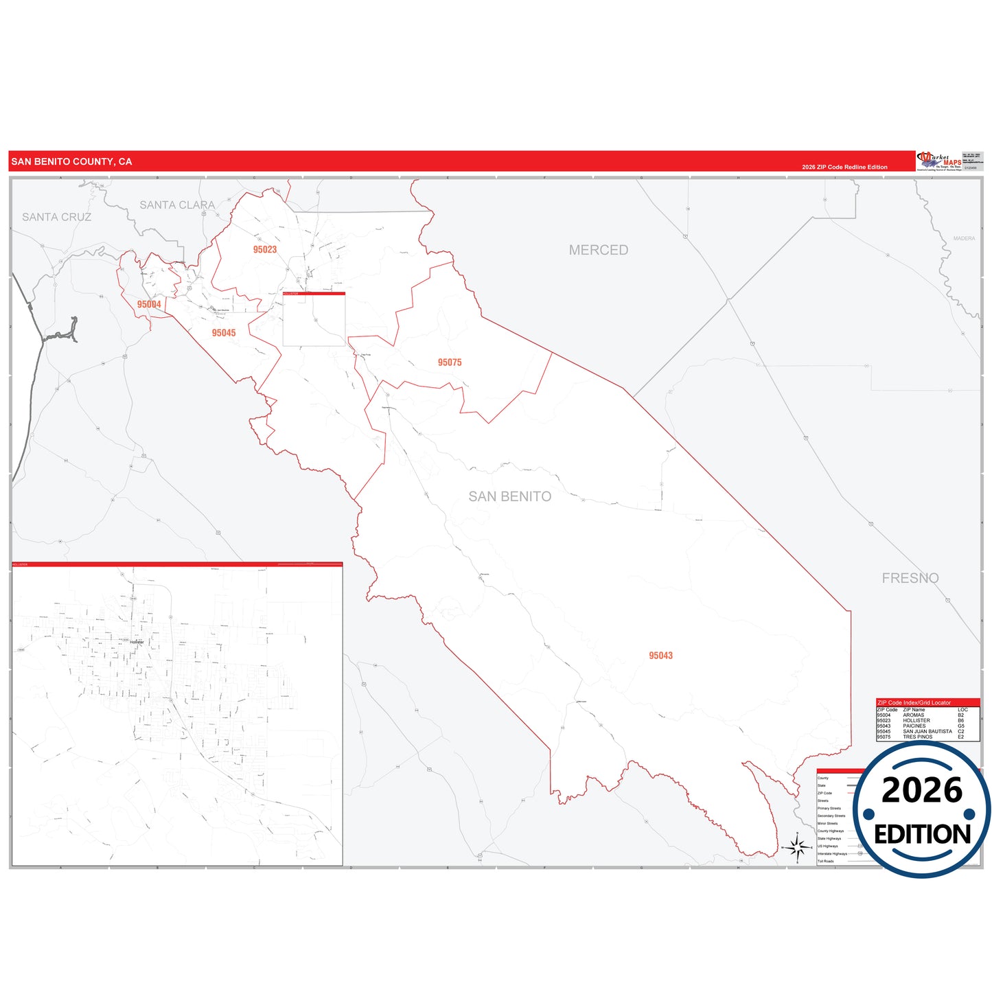 San Benito County, CA Red Line 5 Digit ZIP Code Wall Map