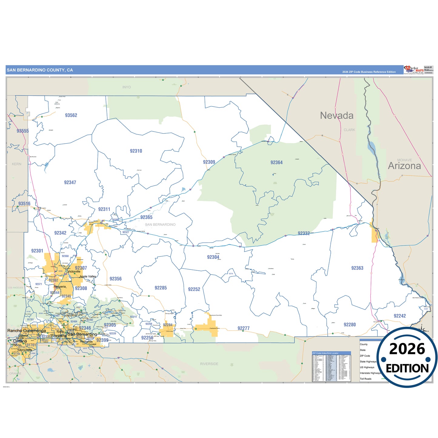 San Bernardino County, CA Business Reference 5 Digit ZIP Code Wall Map