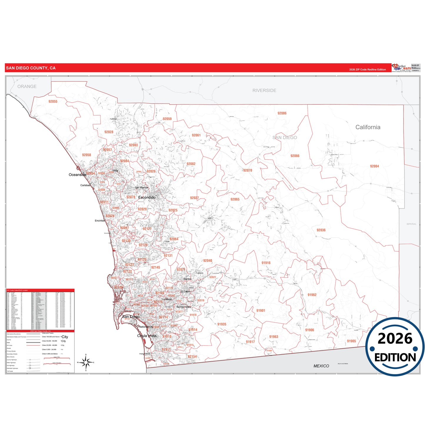 San Diego County, CA Red Line 5 Digit ZIP Code Wall Map