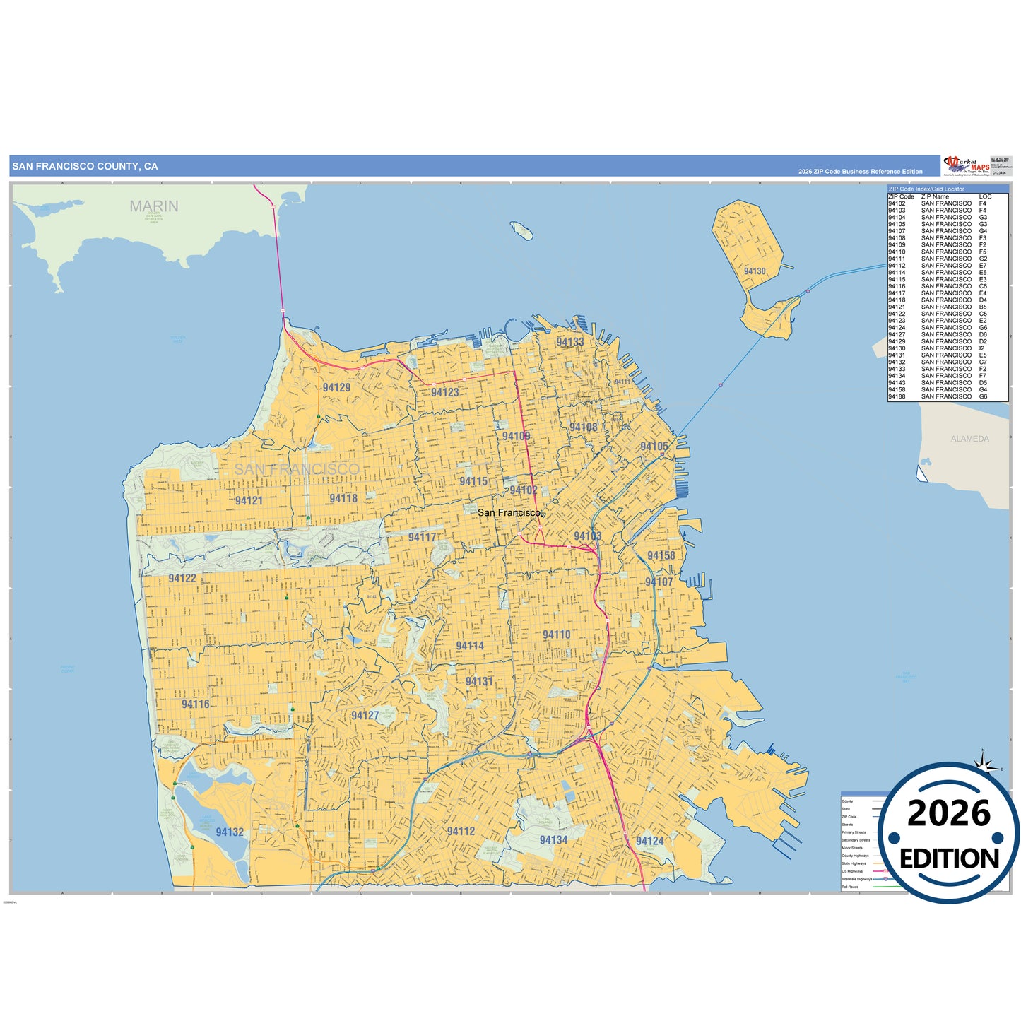 San Francisco County, CA Business Reference 5 Digit ZIP Code Wall Map