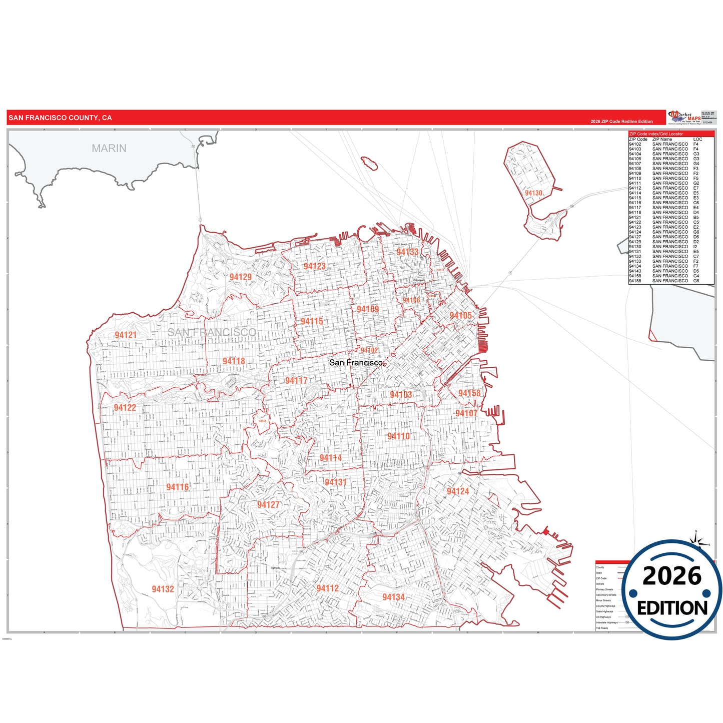 San Francisco County, CA Red Line 5 Digit ZIP Code Wall Map
