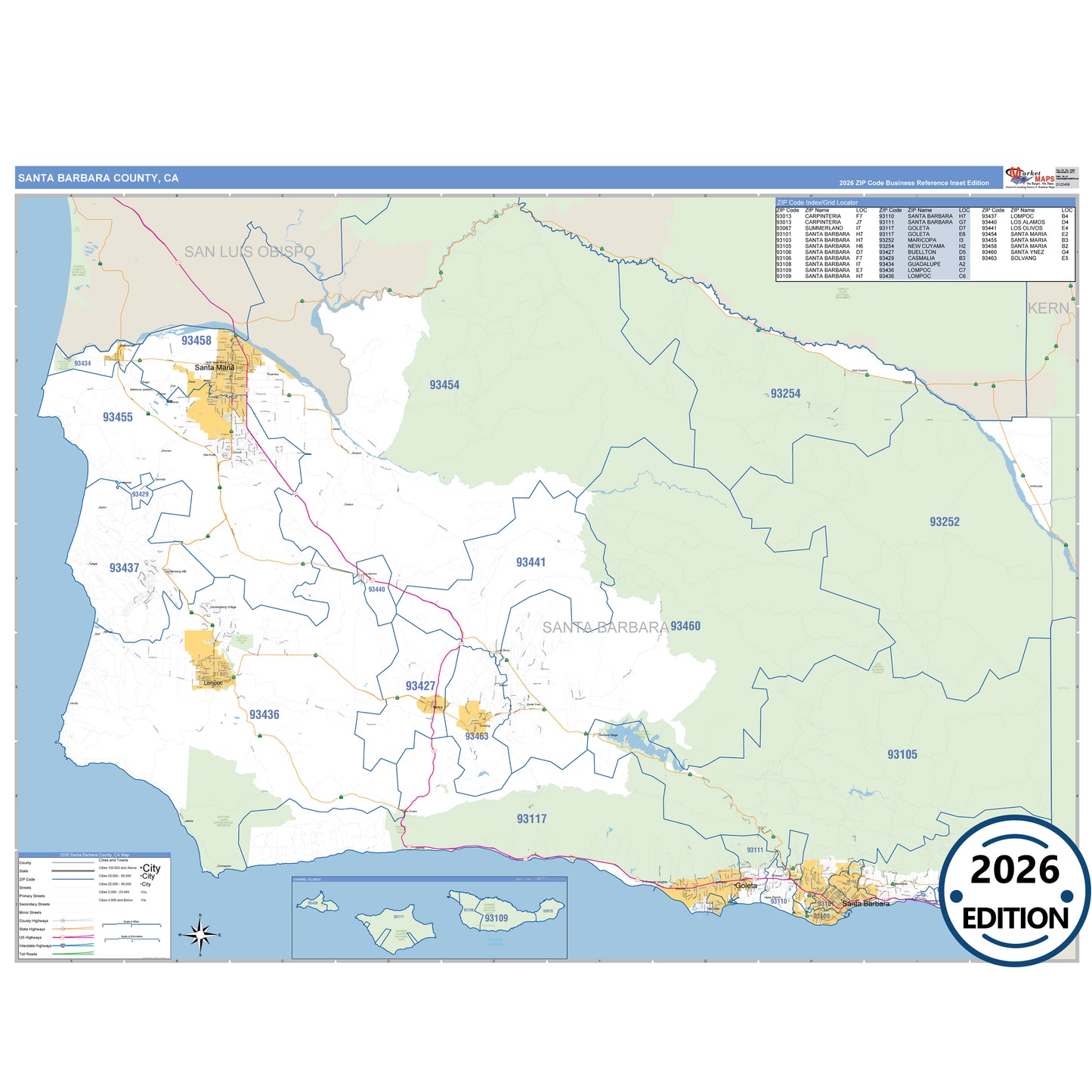 Santa Barbara County, CA Business Reference 5 Digit ZIP Code Wall Map