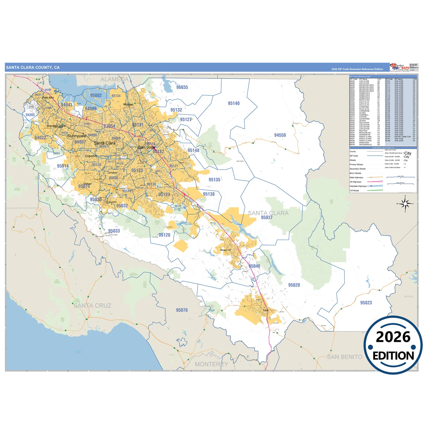 Santa Clara County, CA Business Reference 5 Digit ZIP Code Wall Map