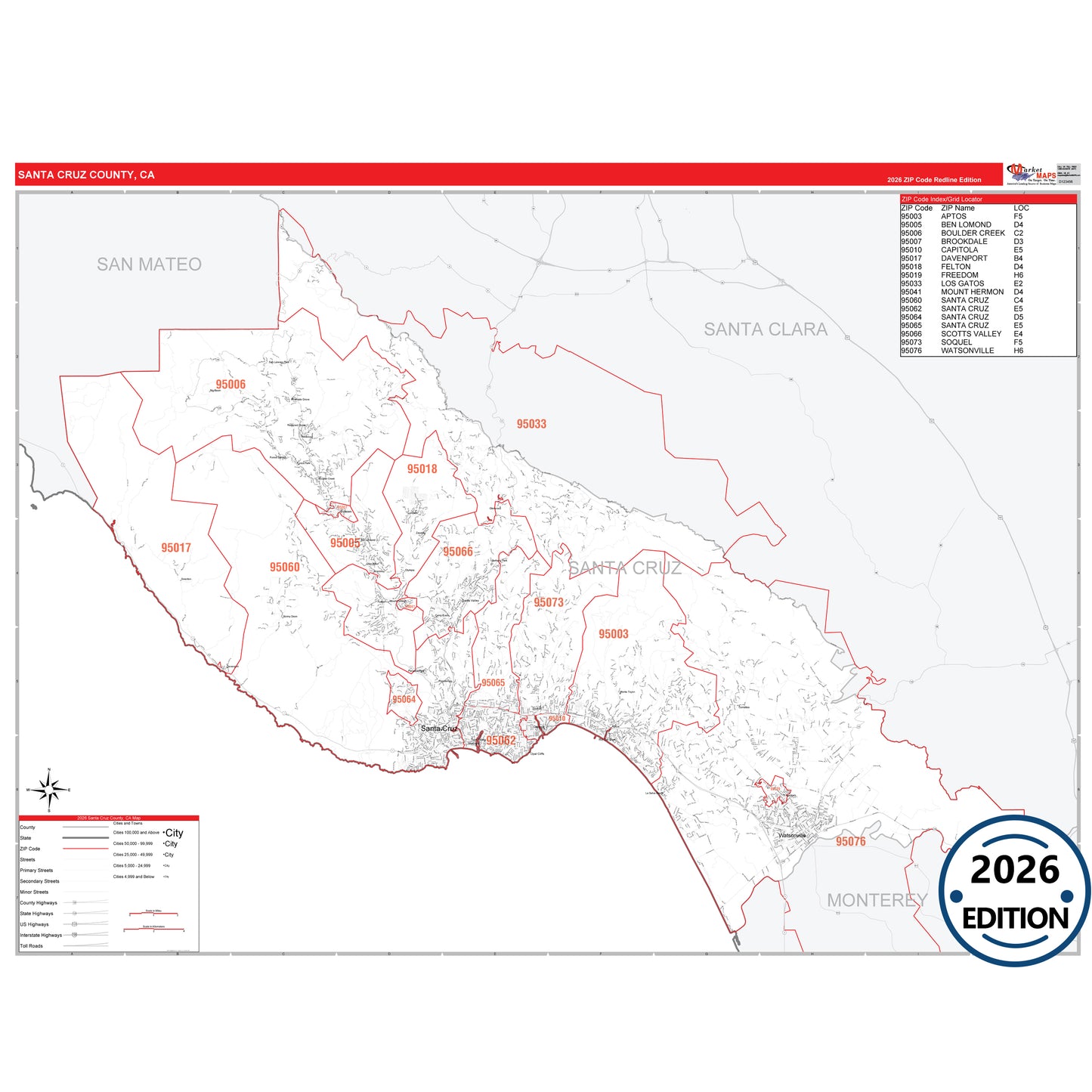 Santa Cruz County, CA Red Line 5 Digit ZIP Code Wall Map