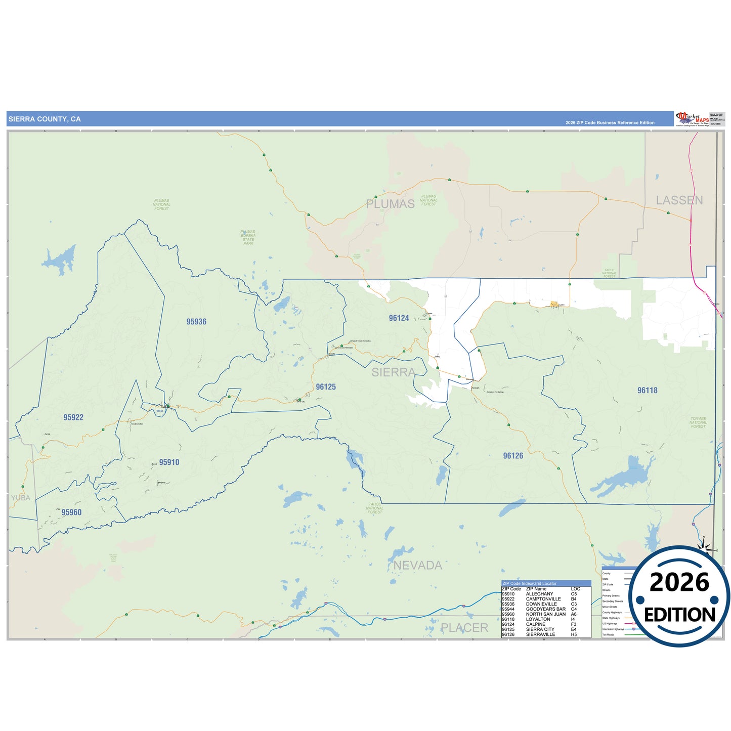 Sierra County, CA Business Reference 5 Digit ZIP Code Wall Map