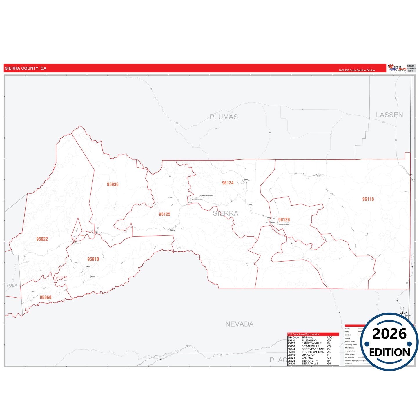 Sierra County, CA Red Line 5 Digit ZIP Code Wall Map